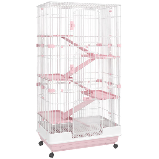 63"H 6-Level Small Animal Cage Rabbit Hutch with Universal Lockable Wheels, Slide-out Tray for Bunny, Chinchillas, Ferret, Pink
