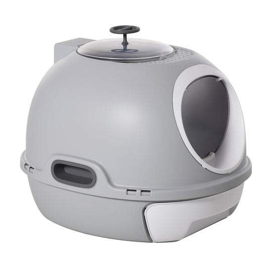 Enclosed Cat Litter Box, Covered Litter Box with Lid and Scoop, Cat Box Enclosure with Pull-out Drawer Type, Front Door and Skylight, Easy to Clean, Grey