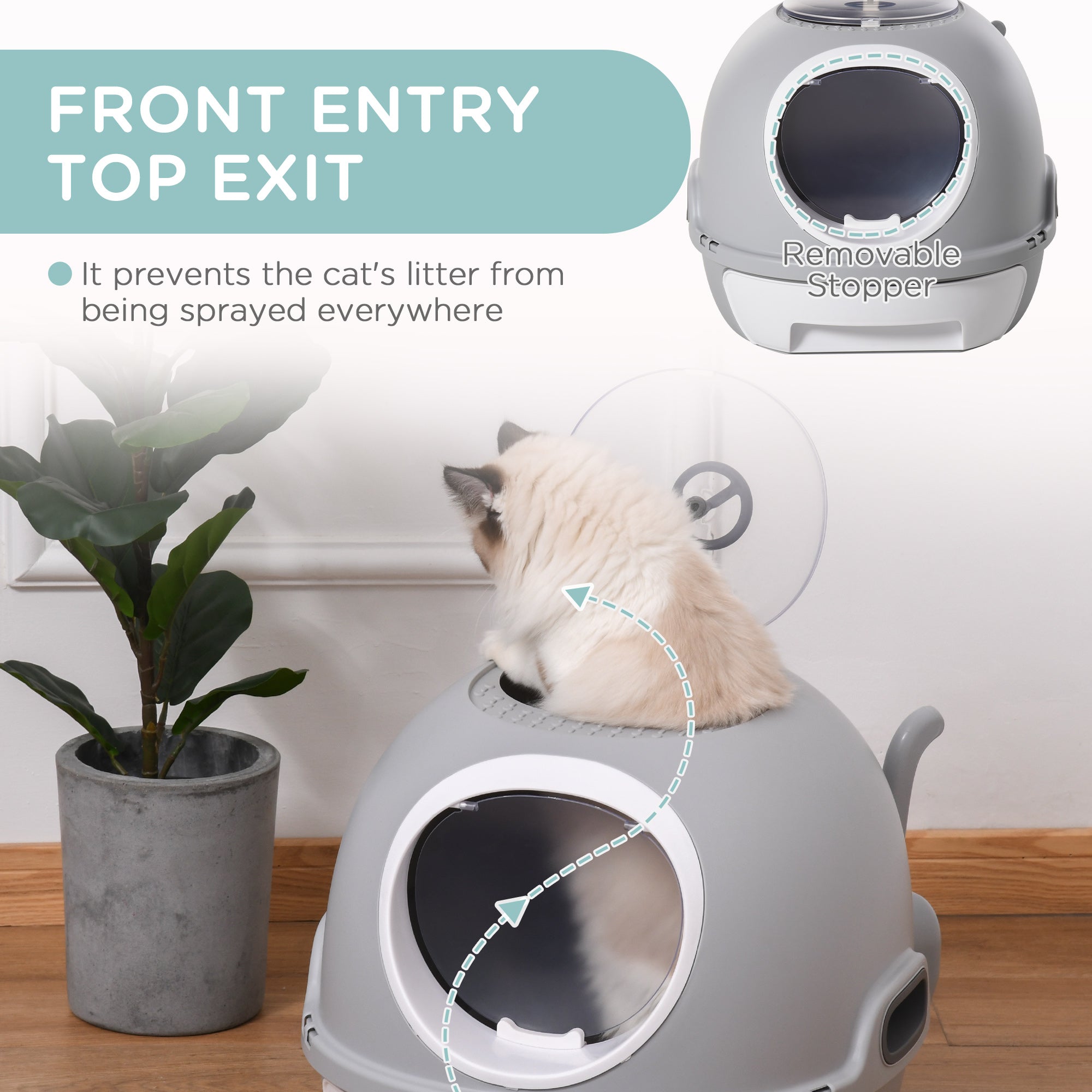 Enclosed Cat Litter Box, Covered Litter Box with Lid and Scoop, Cat Box Enclosure with Pull-out Drawer Type, Front Door and Skylight, Easy to Clean, Grey