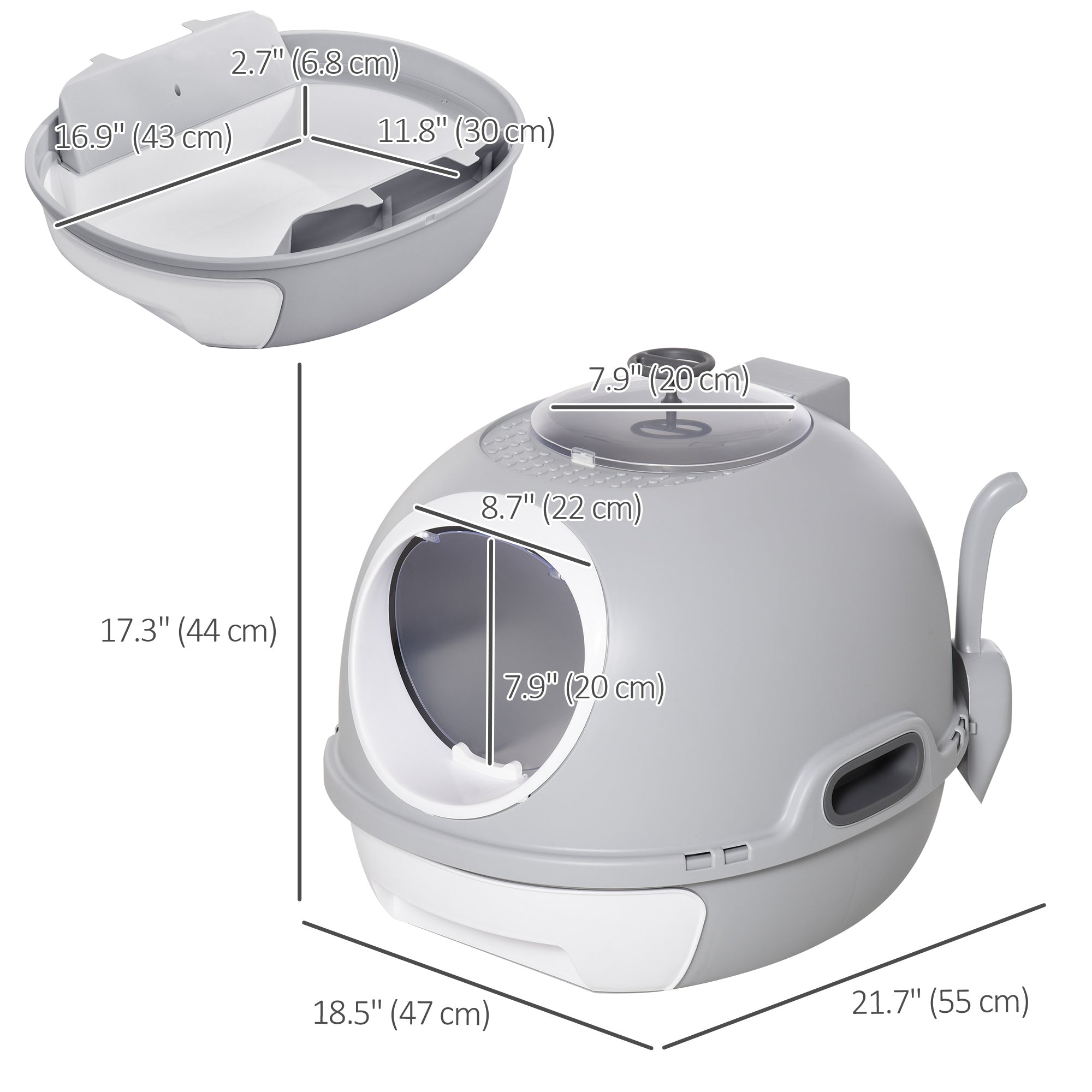 Enclosed Cat Litter Box, Covered Litter Box with Lid and Scoop, Cat Box Enclosure with Pull-out Drawer Type, Front Door and Skylight, Easy to Clean, Grey