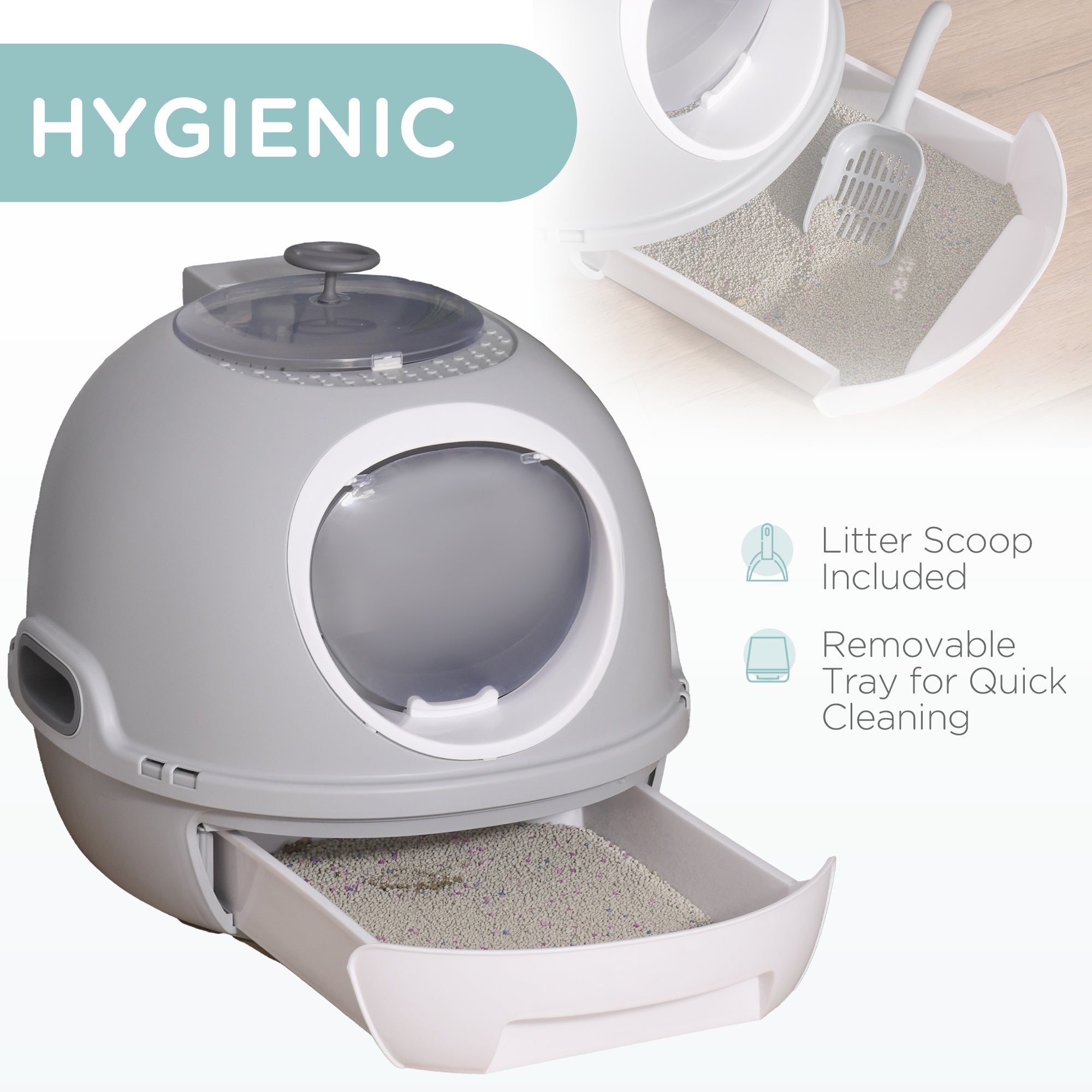 PawHut Covered Cat Litter Box, Kitty Litter Box with a Lid, Scoop Enclosed Drawer & Skylight for Cats, Easy to Clean, Gray