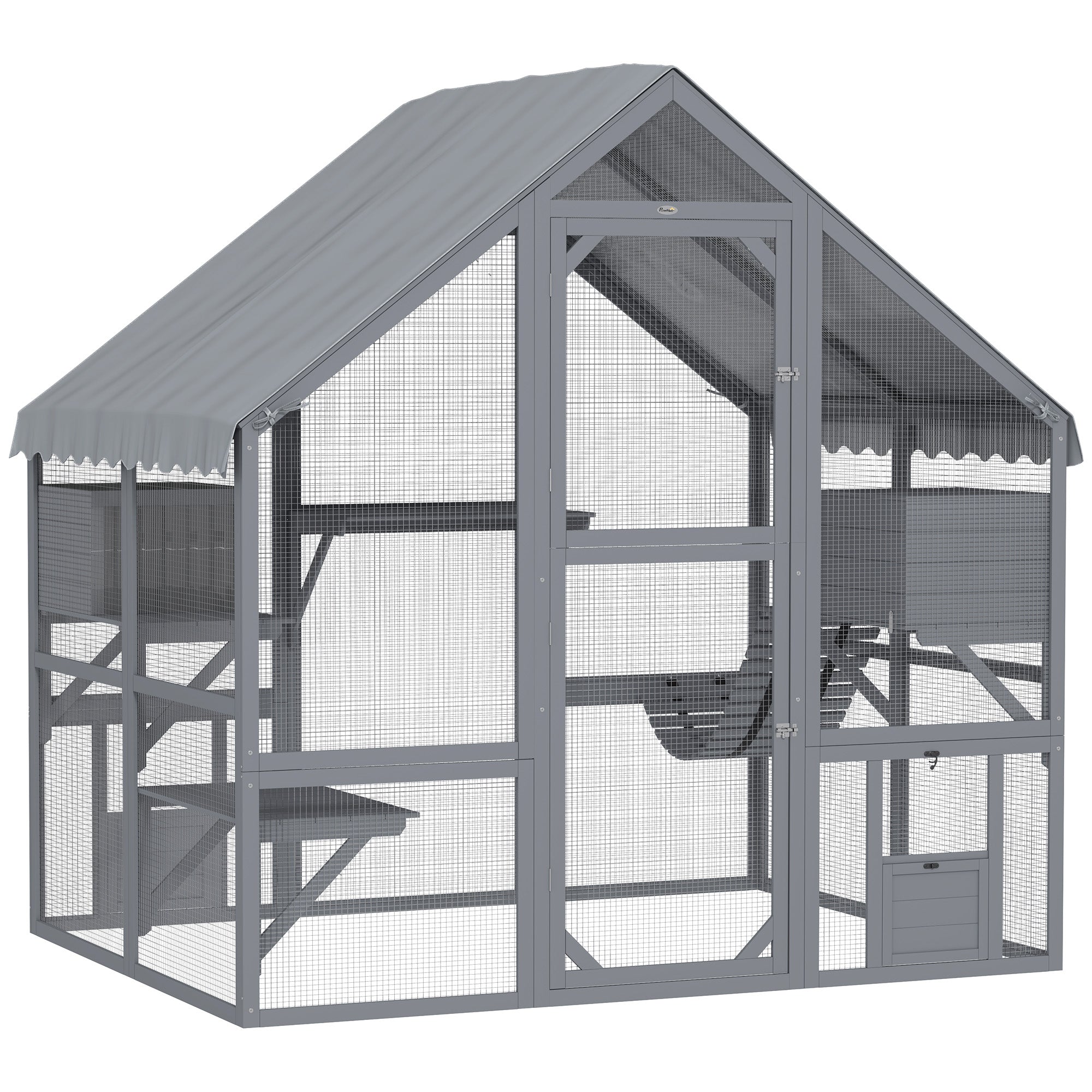 Catio Outdoor Cat Enclosure, Large Kitten House with Waterproof Cover, 2 Resting Boxes, 4 Platforms, Bridge, Wooden Cat Cage Outdoor for 2-4 Kittens, 73" x 55" x 74", Grey