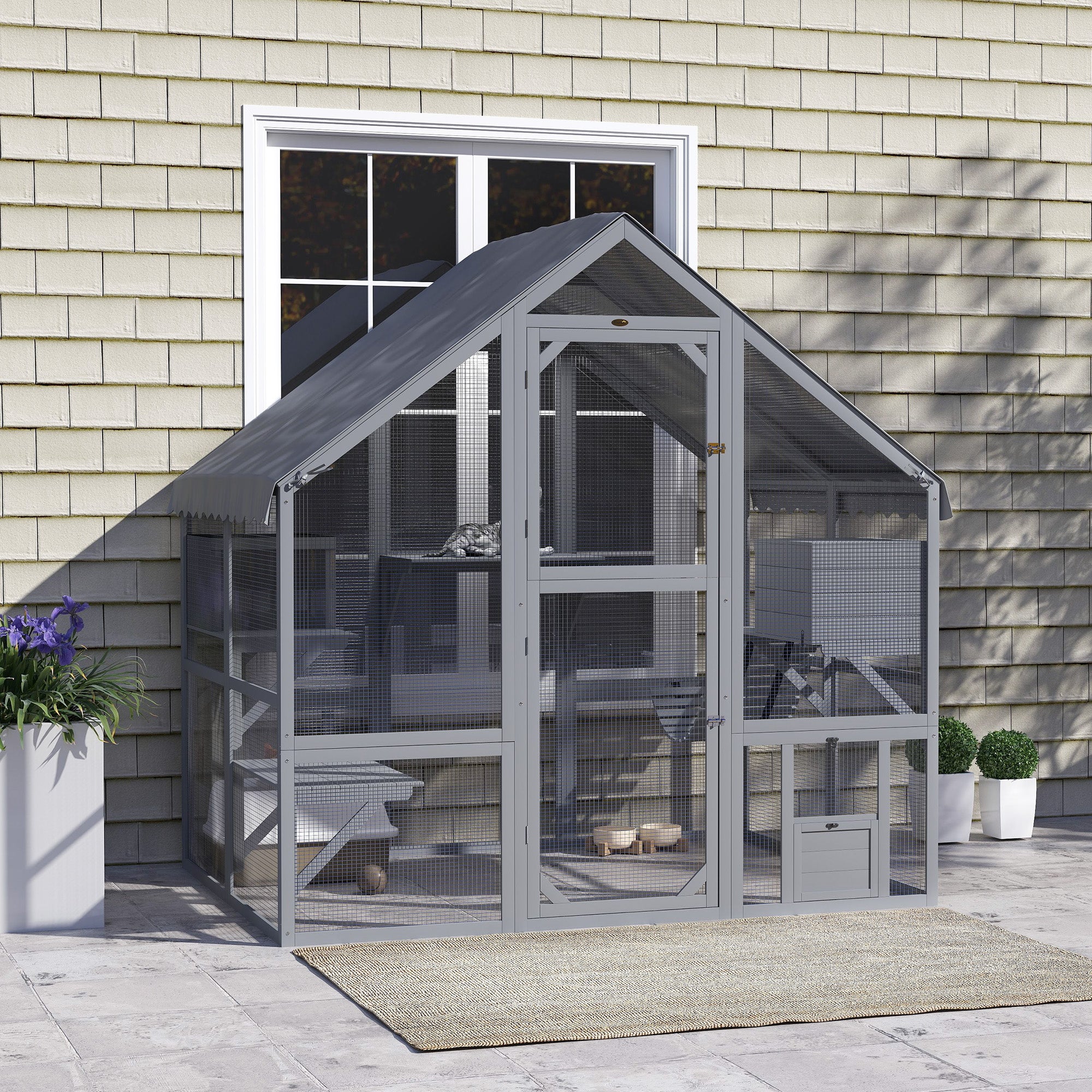 Catio Outdoor Cat Enclosure, Large Kitten House with Waterproof Cover, 2 Resting Boxes, 4 Platforms, Bridge, Wooden Cat Cage Outdoor for 2-4 Kittens, 73" x 55" x 74", Grey