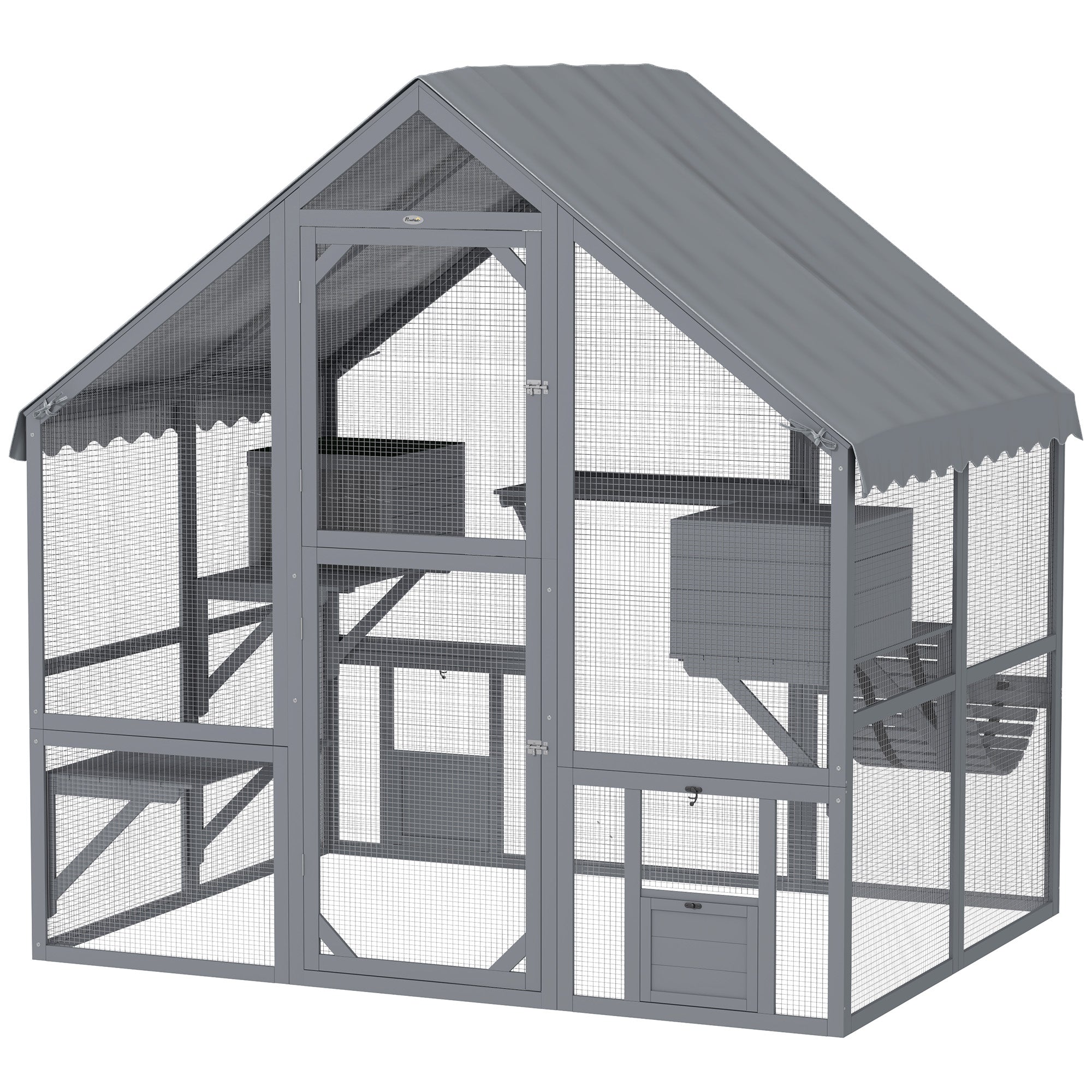 Catio Outdoor Cat Enclosure, Large Kitten House with Waterproof Cover, 2 Resting Boxes, 4 Platforms, Bridge, Wooden Cat Cage Outdoor for 2-4 Kittens, 73" x 55" x 74", Grey