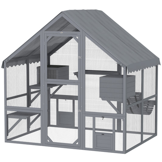 Catio Outdoor Cat Enclosure, Large Kitten House with Waterproof Cover, 2 Resting Boxes, 4 Platforms, Bridge, Wooden Cat Cage Outdoor for 2-4 Kittens, 73" x 55" x 74", Grey