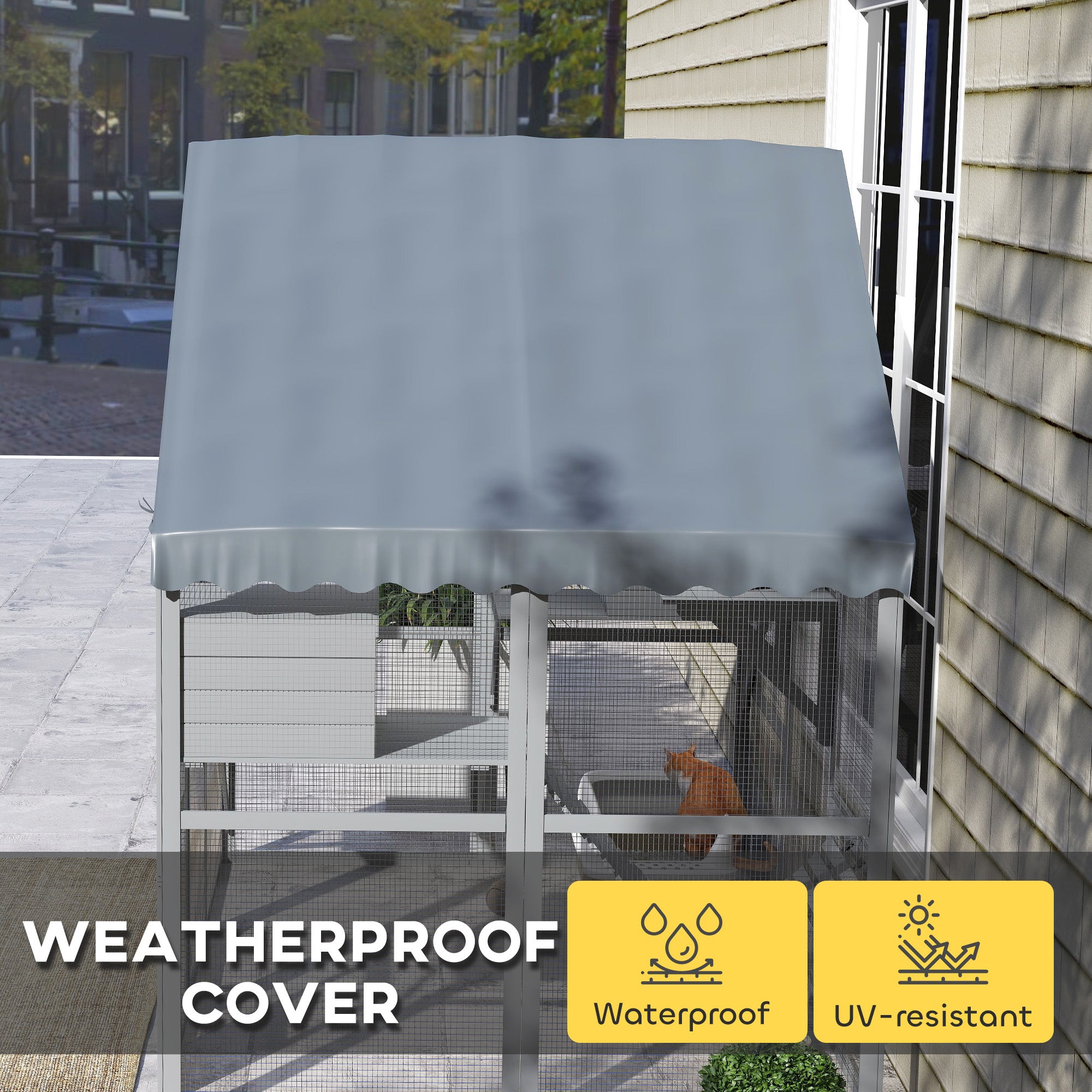 PawHut Large Catio Outdoor Cat Enclosure for Multiple Kittens, Wooden Cat House with Waterproof Cover, Walk in Kitty Cage Kennel with 2 Condos, 4 Platforms, Bridge, Doors, 74" H, Gray