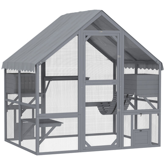 PawHut Large Catio Outdoor Cat Enclosure for Multiple Kittens, Wooden Cat House with Waterproof Cover, Walk in Kitty Cage Kennel with 2 Condos, 4 Platforms, Bridge, Doors, 74" H, Gray