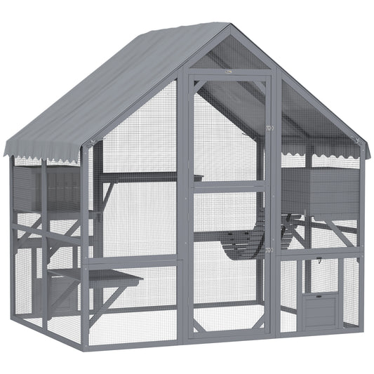 Catio Outdoor Cat Enclosure, Large Kitten House with Waterproof Cover, 2 Resting Boxes, 4 Platforms, Bridge, Wooden Cat Cage Outdoor for 2-4 Kittens, 73" x 55" x 74", Grey