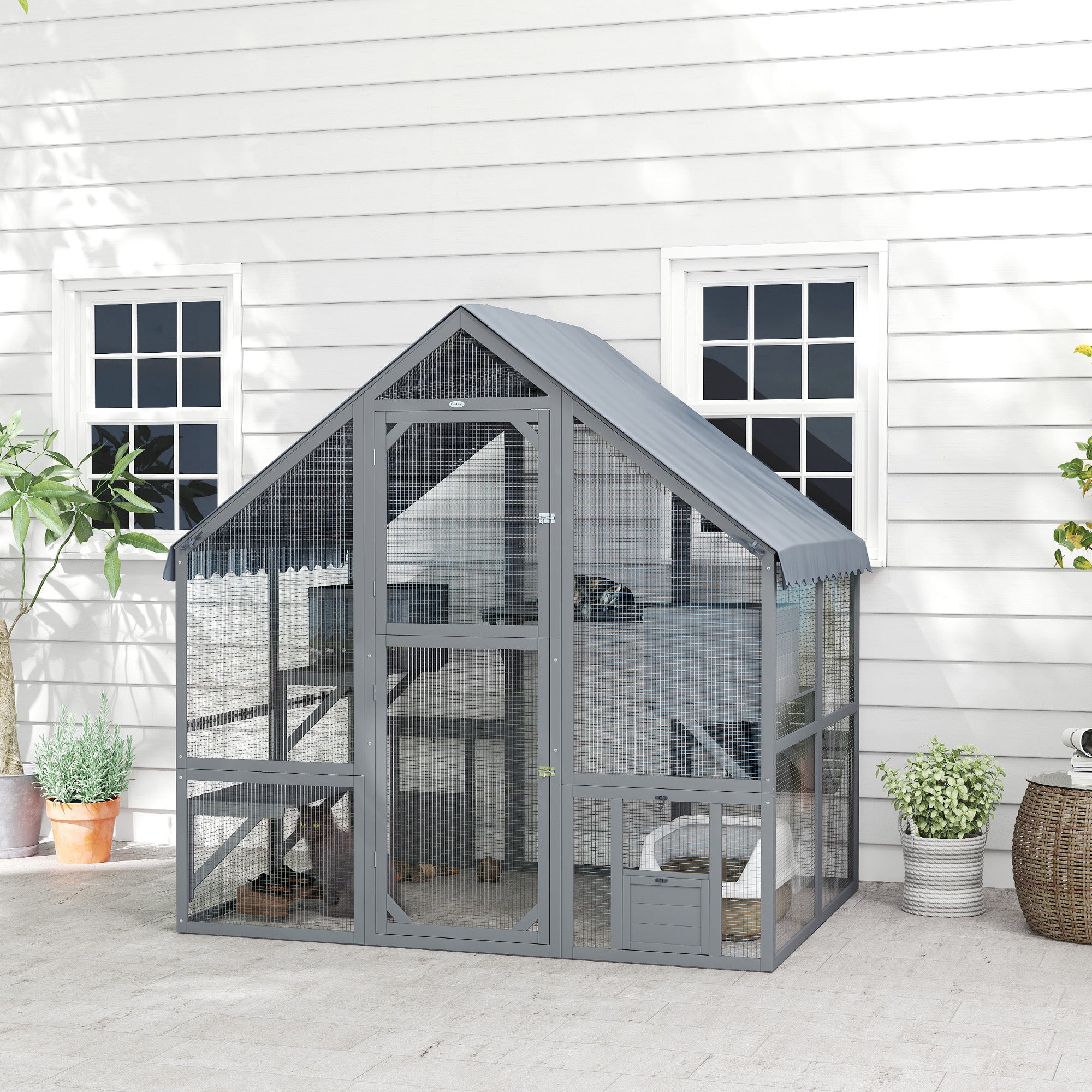 Catio Outdoor Cat Enclosure, Large Kitten House with Waterproof Cover, 2 Resting Boxes, 4 Platforms, Bridge, Wooden Cat Cage Outdoor for 2-4 Kittens, 73" x 55" x 74", Grey