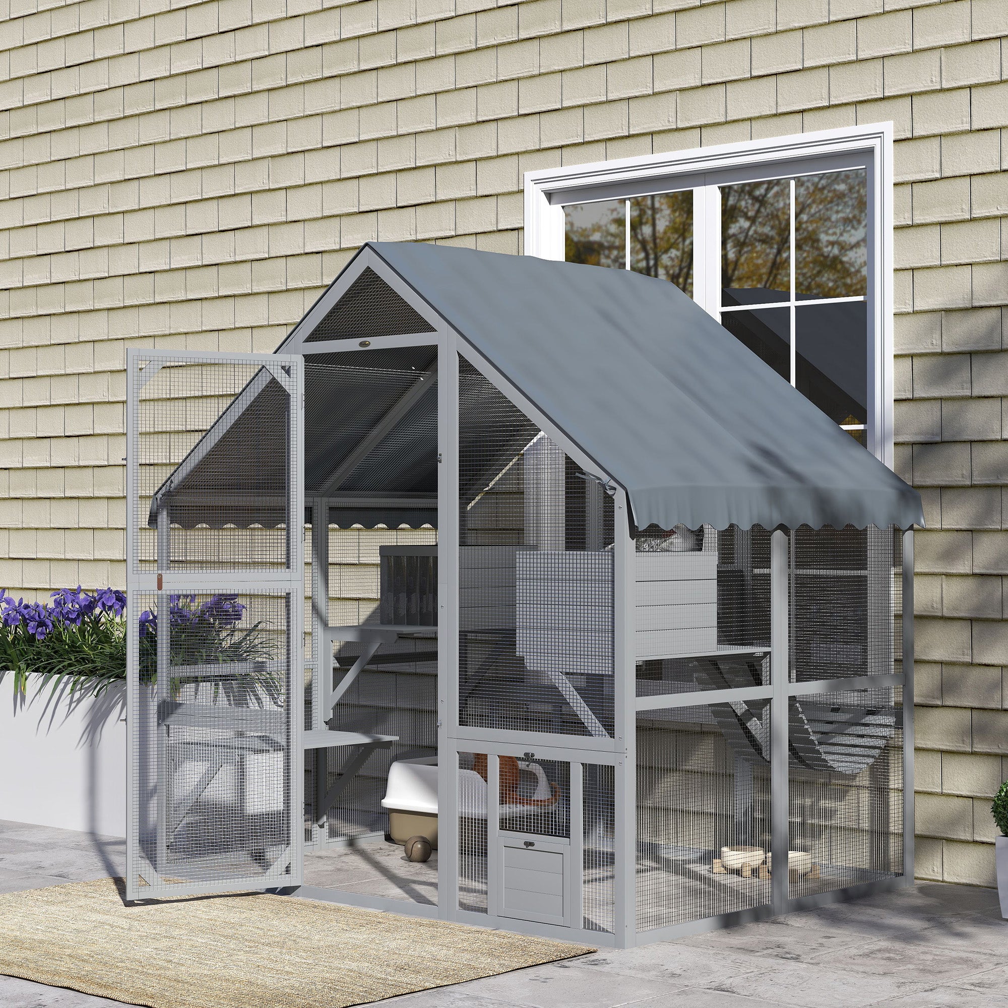 PawHut Large Catio Outdoor Cat Enclosure for Multiple Kittens, Wooden Cat House with Waterproof Cover, Walk in Kitty Cage Kennel with 2 Condos, 4 Platforms, Bridge, Doors, 74" H, Gray