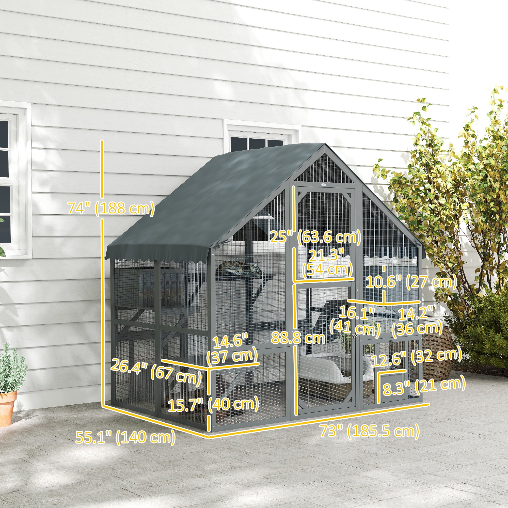 Catio Outdoor Cat Enclosure, Large Kitten House with Waterproof Cover, 2 Resting Boxes, 4 Platforms, Bridge, Wooden Cat Cage Outdoor for 2-4 Kittens, 73" x 55" x 74", Grey