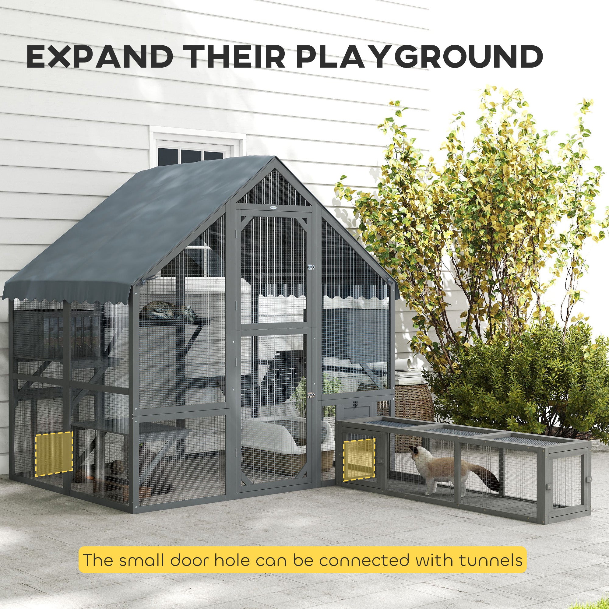 Catio Outdoor Cat Enclosure, Large Kitten House with Waterproof Cover, 2 Resting Boxes, 4 Platforms, Bridge, Wooden Cat Cage Outdoor for 2-4 Kittens, 73" x 55" x 74", Grey