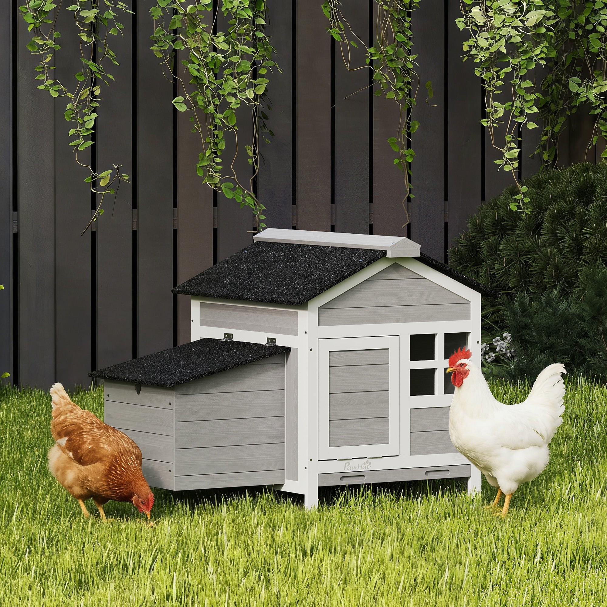Chicken Coop, Compact Wooden Hen House with Pull-Out Metal Tray, Nesting Box, for 1-2 Chickens