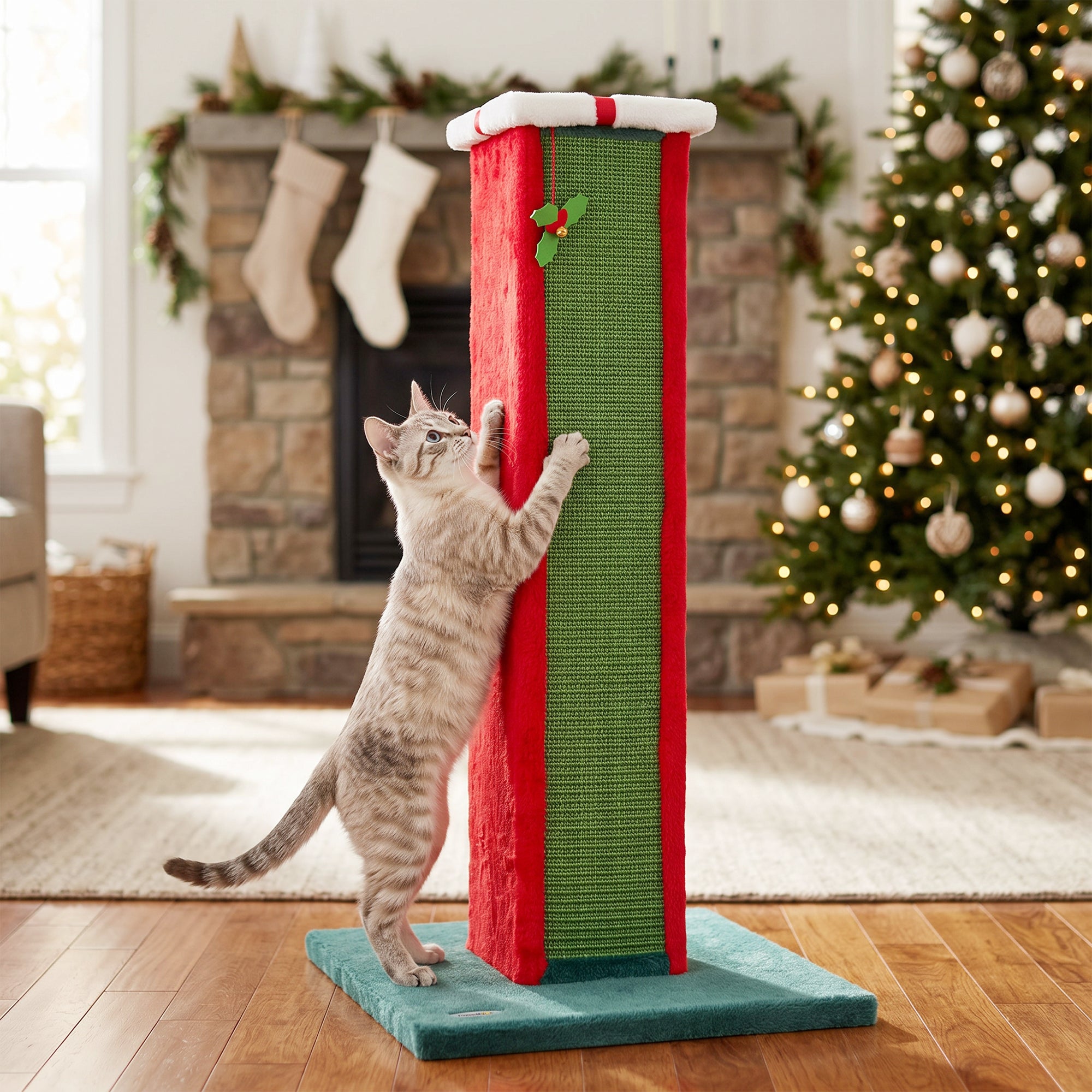 Cat Scratching Post for Indoor Cats, 81cm Tall Cat Scratcher with Sisal Rope, Hanging Bell Toy and Stable Base, Green and Red