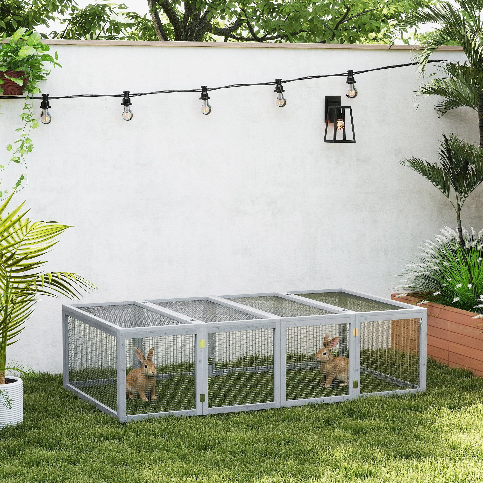PawHut Large Rabbit Run, Wooden Rabbit Cage with Wire Mesh, Openable ...