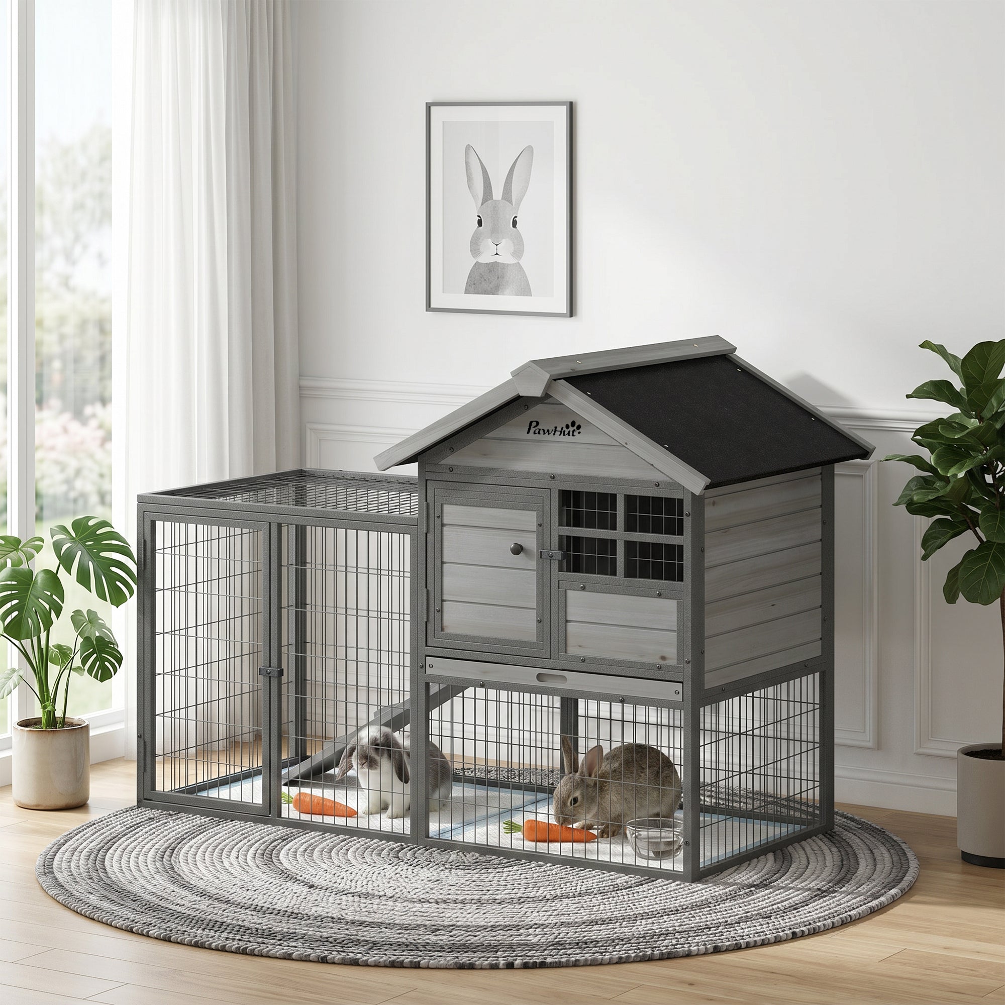 Rabbit Hutch Outdoor, 48"L Large Wooden Bunny Cage with Run, Robust Metal Frame, Removable Plastic Tray, Asphalt Roof, Ramp, Guinea Pig Cage for 1-2 Rabbits, Grey