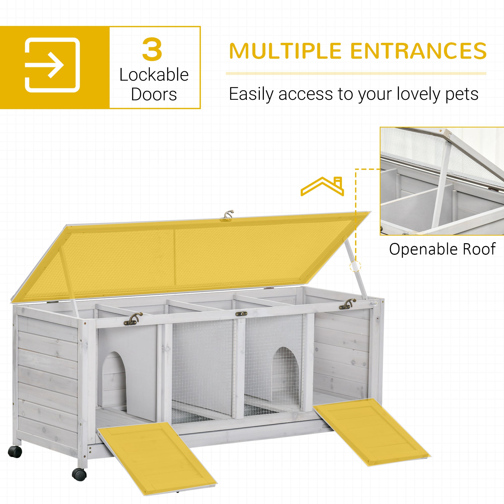 PawHut Wooden Rabbit Hutch, Bunny Cage with Wheels, Dividers, Openable Roof, Removable Trays, Small Animal Cages for 1-2 Rabbits, Indoor Outdoor Use, Light Gray