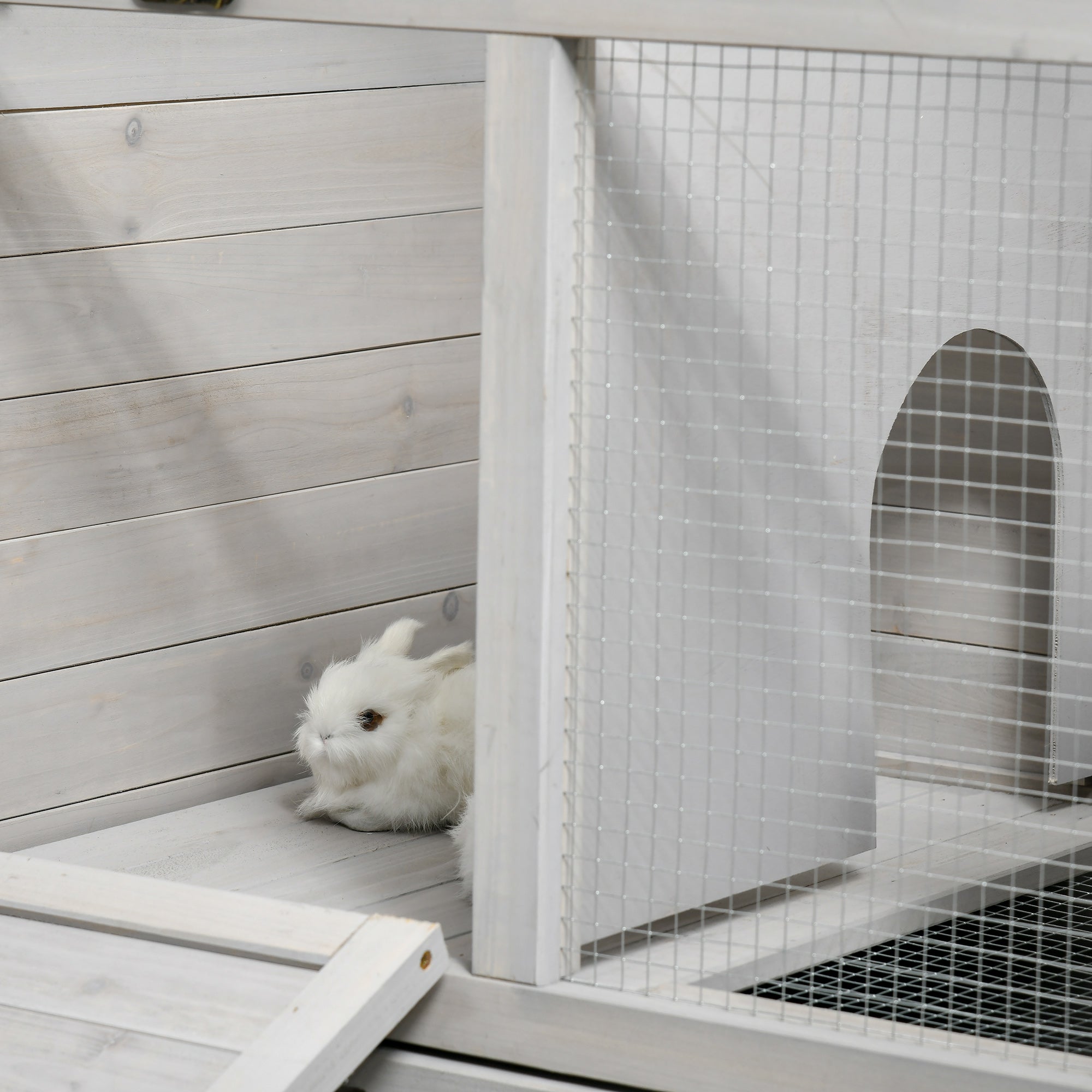 PawHut Wooden Rabbit Hutch, Bunny Cage with Wheels, Dividers, Openable Roof, Removable Trays, Small Animal Cages for 1-2 Rabbits, Indoor Outdoor Use, Light Gray