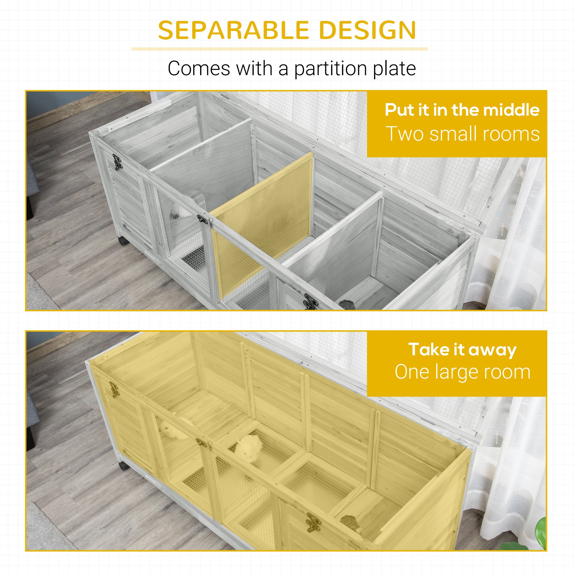 PawHut Wooden Rabbit Hutch, Bunny Cage with Wheels, Dividers, Openable Roof, Removable Trays, Small Animal Cages for 1-2 Rabbits, Indoor Outdoor Use, Light Gray