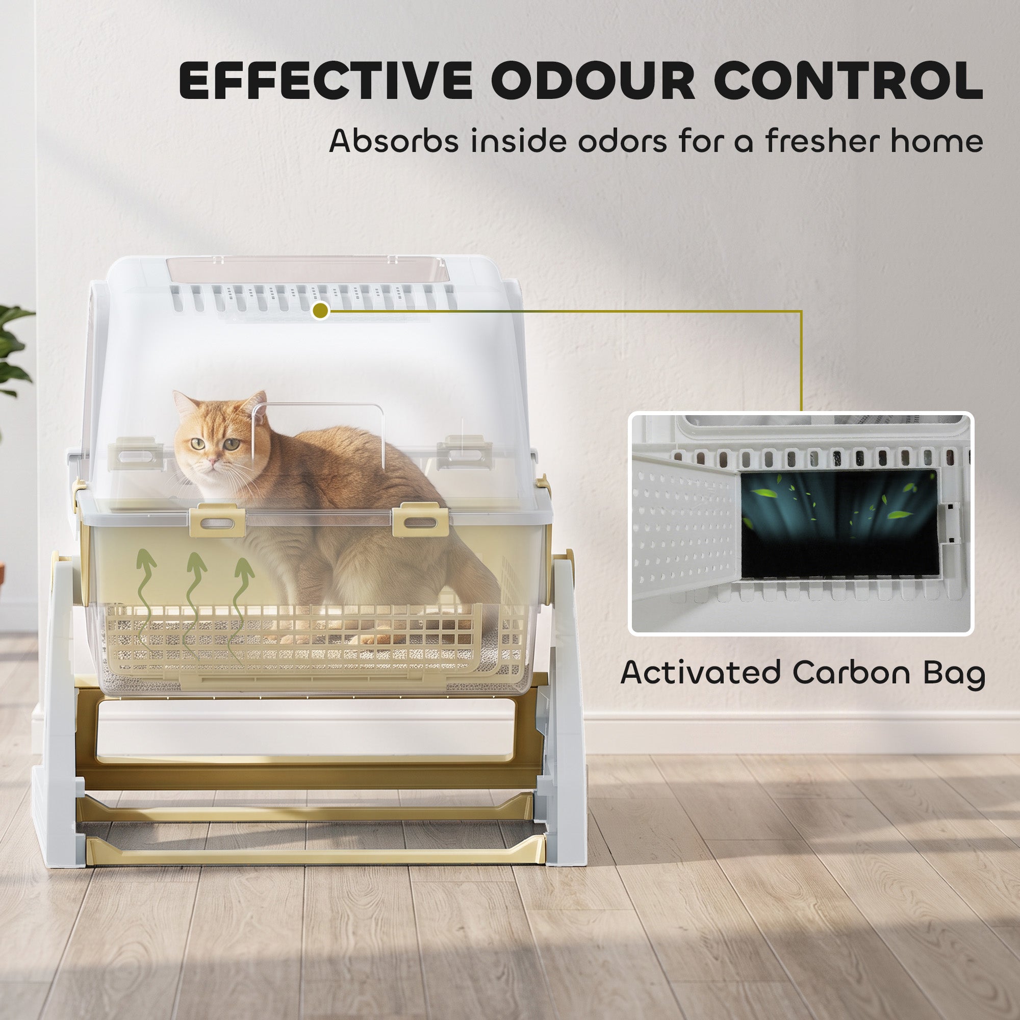 Cat Litter Box with Lid, Enclosed Cat Litter Box with Deodorization Bag & Drawer Pan, High Sides & Flip-to-Clean, Multi-Entry Design, Odor Control, Yellow