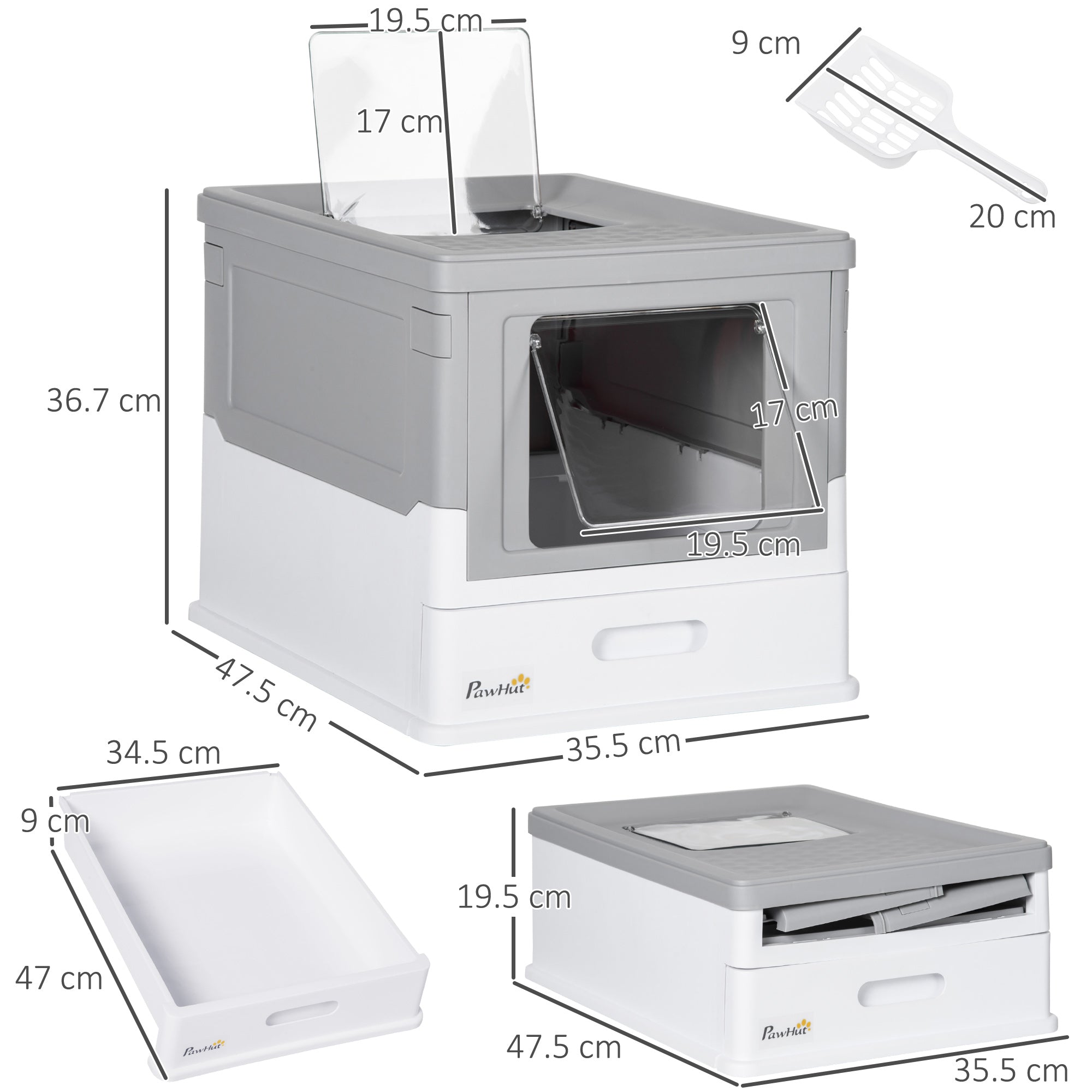 Cat Litter Tray with Hood Enclosed Cat Litter Box Pet Toilet w/ Lid, Scoop, Front Entry, 47.5 x 35.5 x 36.7cm - Grey
