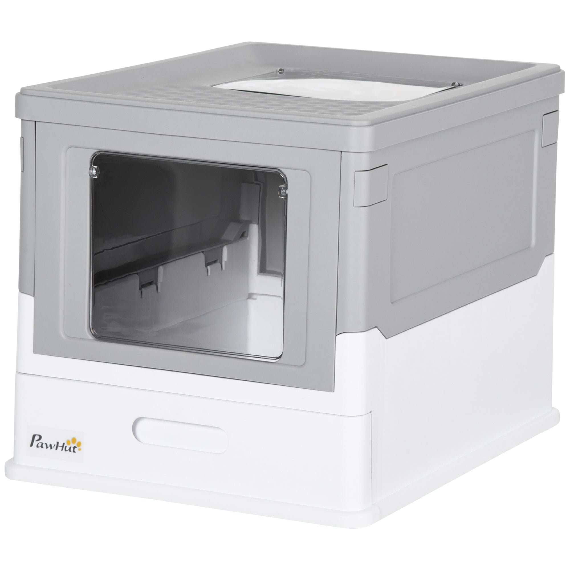 PawHut Fully Enclosed Cat Litter Box with Scoop, Hooded Cat Litter House with Drawer Type Tray, Foldable Smell Proof Cat Potty with Front Entry, Top Exit, Portable Pet Toilet with Large Space, Gray
