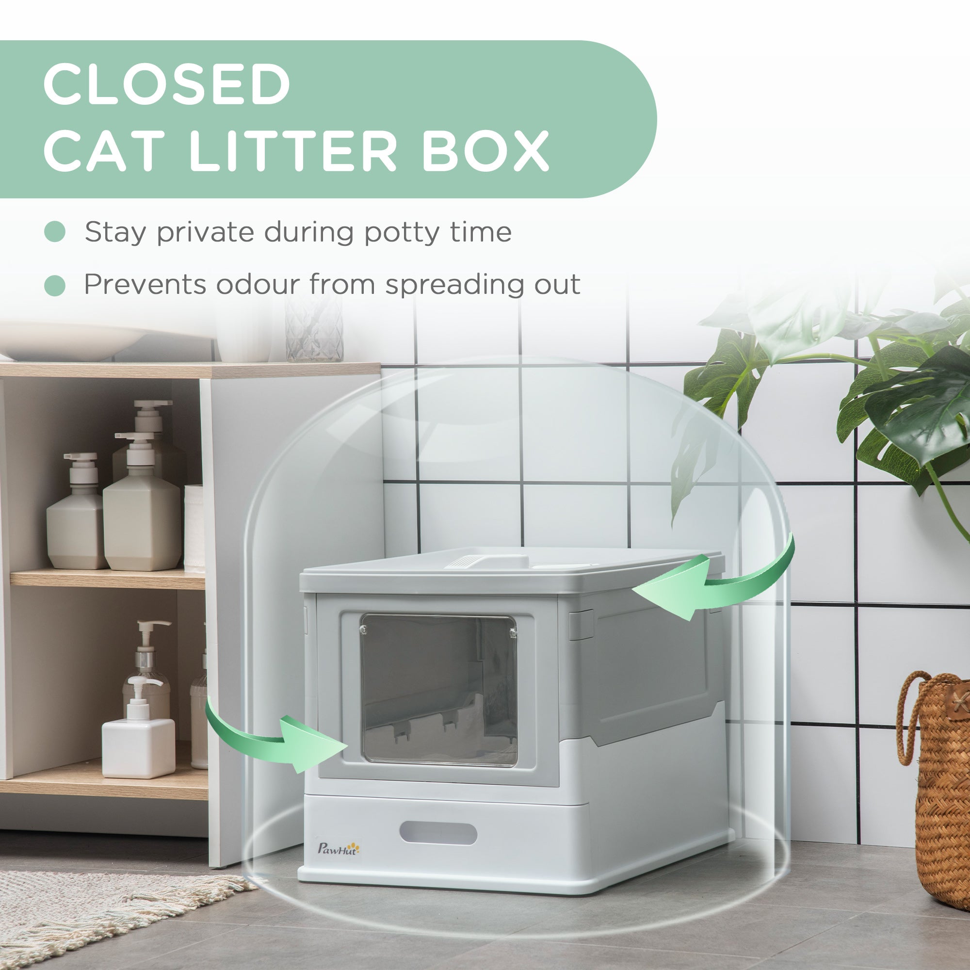 Fully Enclosed Cat Litter Box with Front Entry and Top Exit, Plastic
