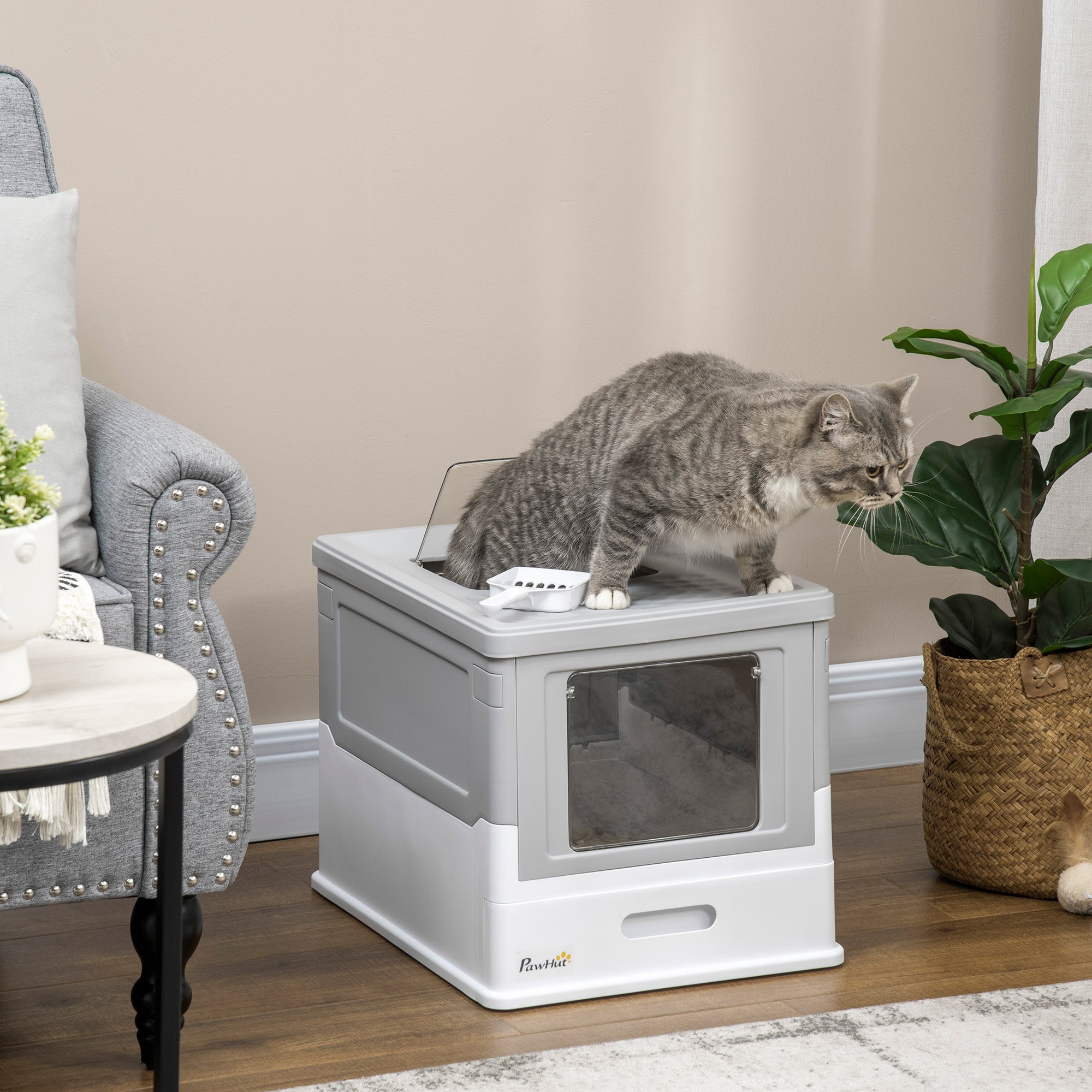 PawHut Fully Enclosed Cat Litter Box with Scoop, Hooded Cat Litter House with Drawer Type Tray, Foldable Smell Proof Cat Potty with Front Entry, Top Exit, Portable Pet Toilet with Large Space, Gray