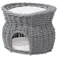 Load image into Gallery viewer, 2-Tier Wicker Cat House Elevated Pet Bed Basket Willow Kitten Tower Pet Den. Cozy Cave with Washable Cushions 56x37x40cm Grey
