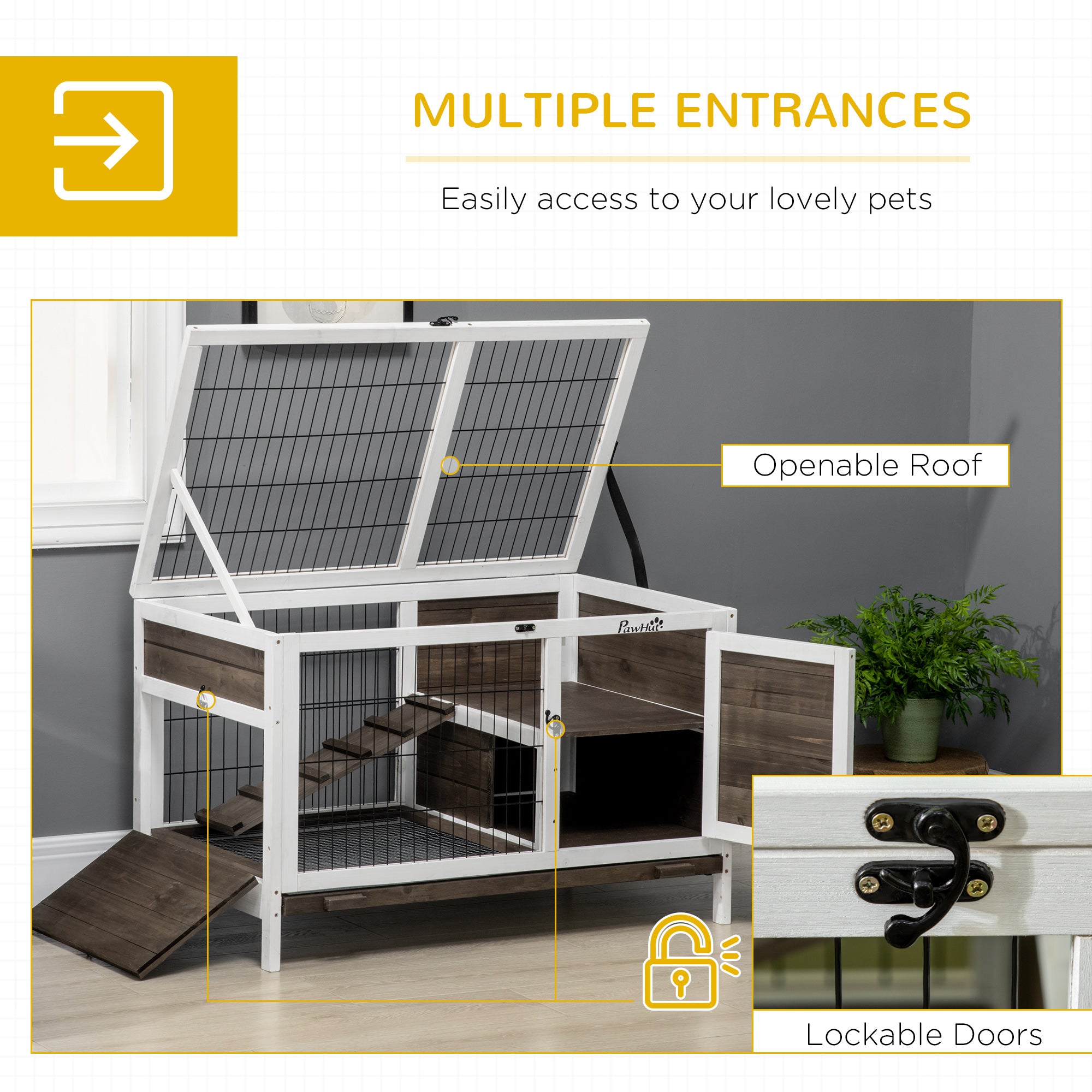 Rabbit Hutch, Indoor Elevated Bunny Cage with Run, Ladder, Slide-Out Tray and Lockable Doors, Rabbit House Guinea Pig Cage with Dual-Height Design, Coffee