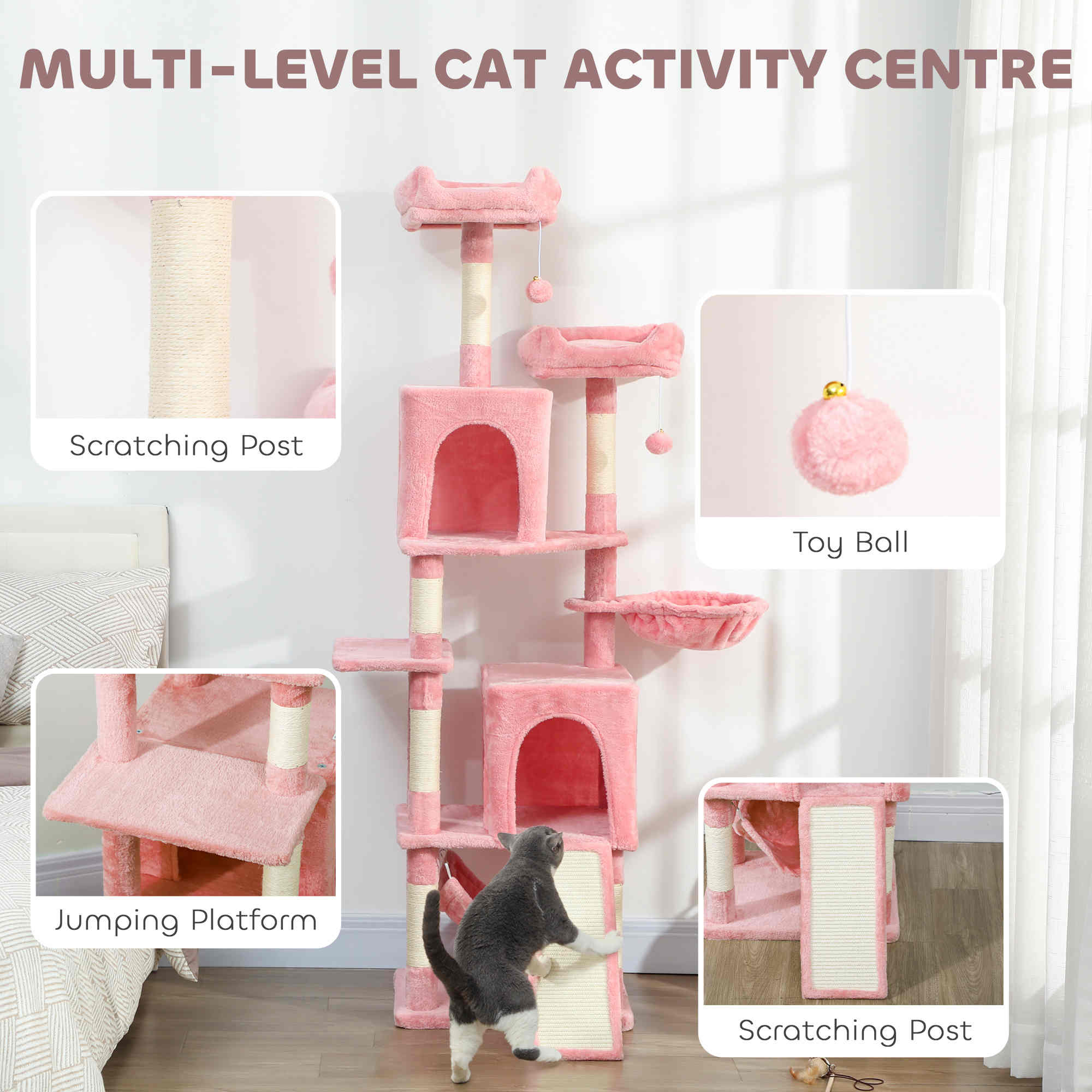 Cat Tree, 70" Multi-Level Cat Tower for Indoor with 2 Condos, 2 Plush Top Perches, Hammock, Platforms, Toy Balls, Sisal Scratching Posts and Board, Pink