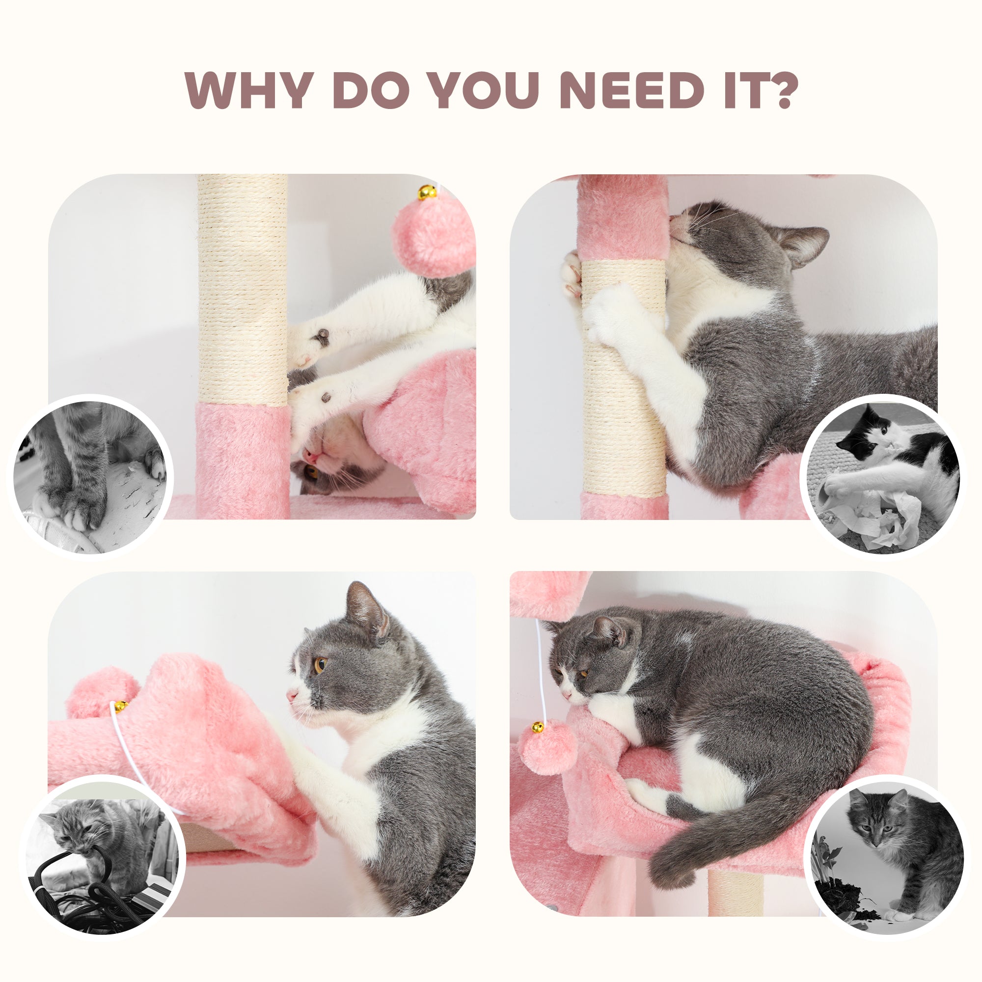 Cat Tree, 70" Multi-Level Cat Tower for Indoor with 2 Condos, 2 Plush Top Perches, Hammock, Platforms, Toy Balls, Sisal Scratching Posts and Board, Pink