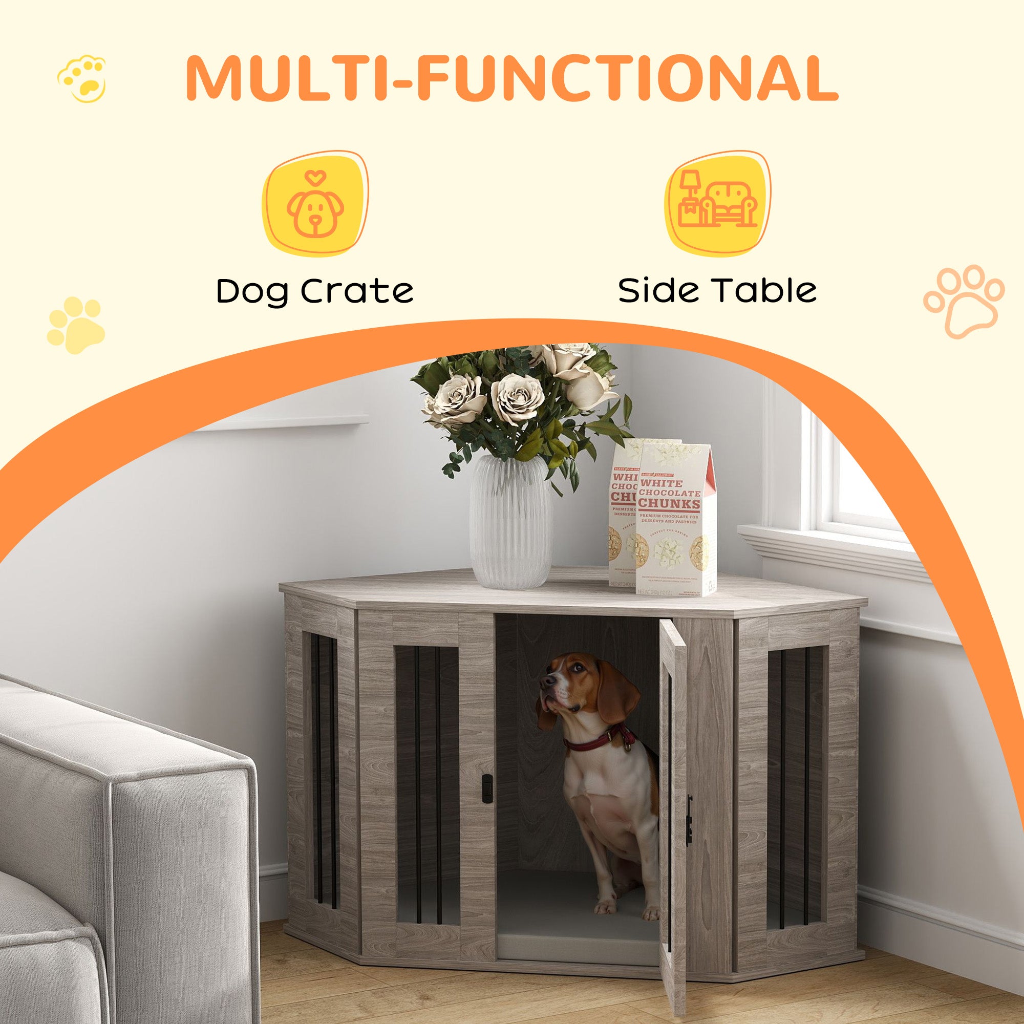 41" Dog Crate Furniture, Corner Dog Crate End Table for Medium and Small Dogs, Indoor Dog Cage with Cushion, Door, Lock, Grey