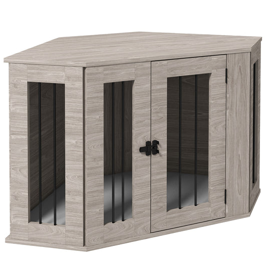 41" Dog Crate Furniture, Corner Dog Crate End Table for Medium and Small Dogs, Indoor Dog Cage with Cushion, Door, Lock, Grey