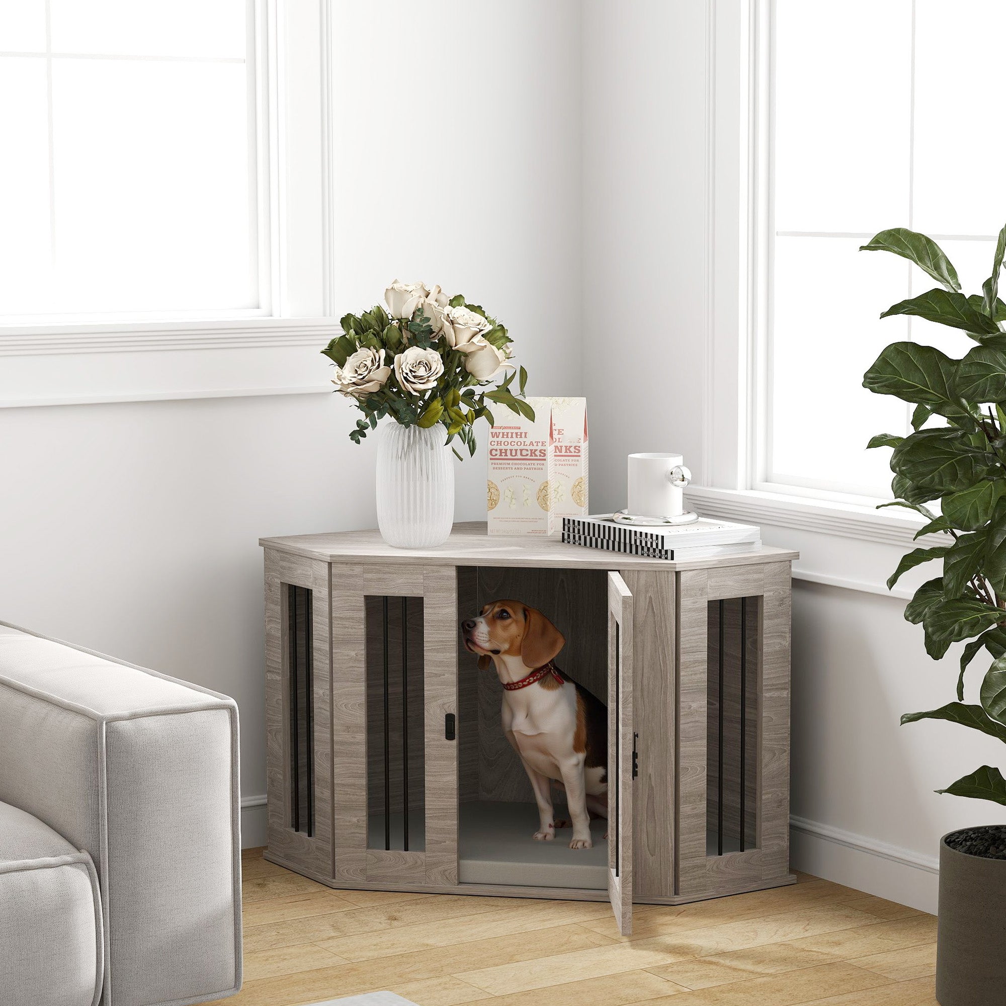 41" Dog Crate Furniture, Corner Dog Crate End Table for Medium and Small Dogs, Indoor Dog Cage with Cushion, Door, Lock, Grey