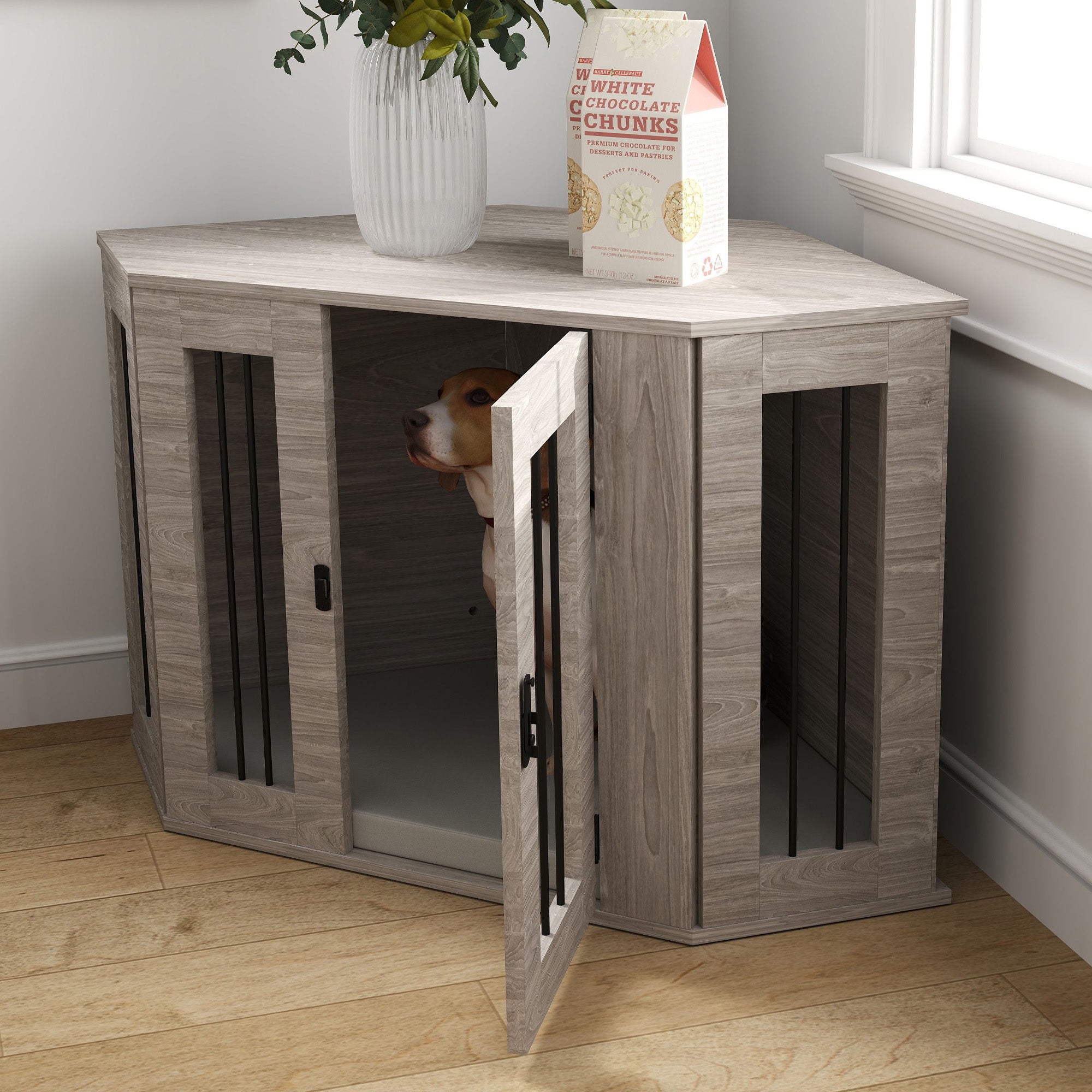 41" Dog Crate Furniture, Corner Dog Crate End Table for Medium and Small Dogs, Indoor Dog Cage with Cushion, Door, Lock, Grey