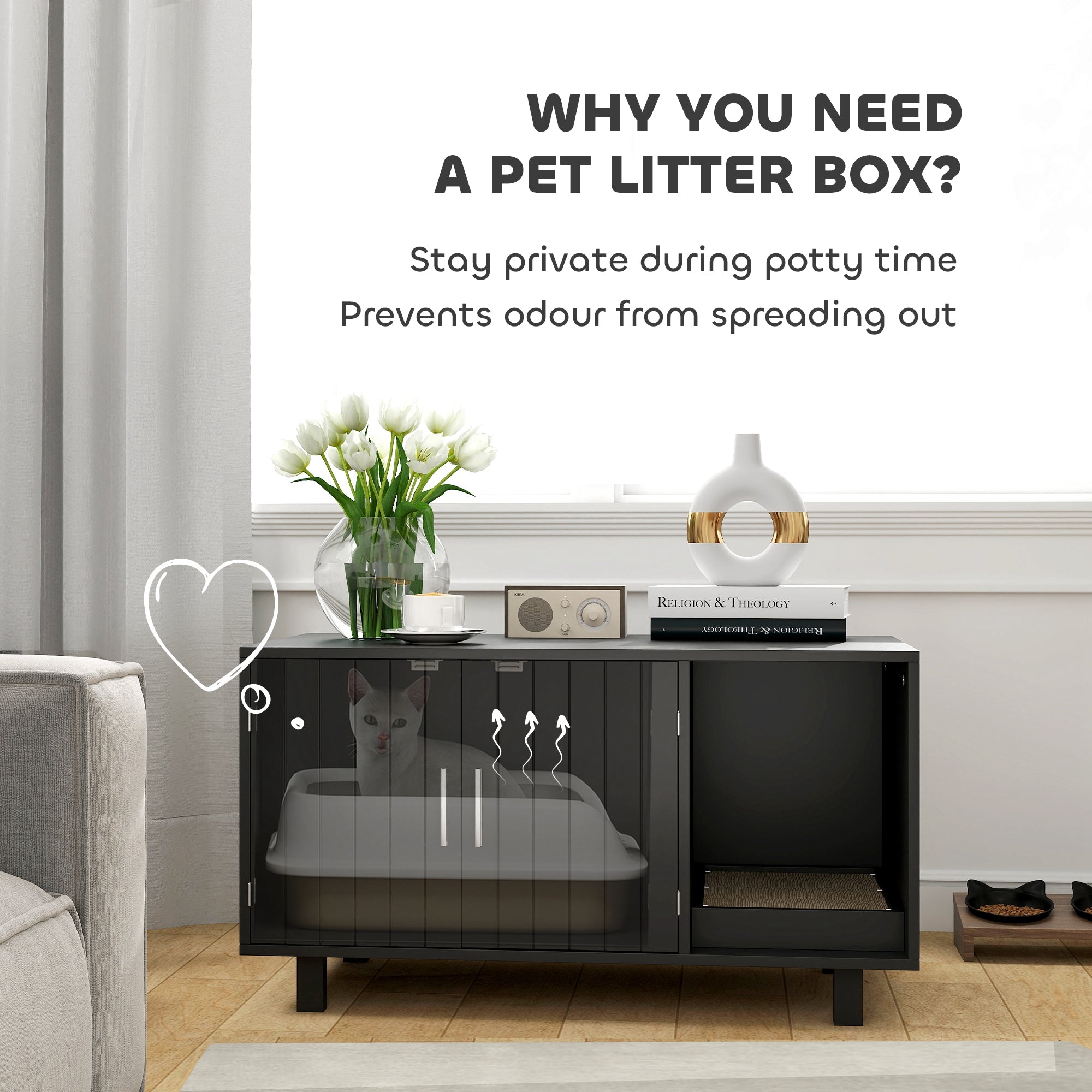 Cat Litter Box Enclosure, Hidden Litter Box Furniture, Cat House End Table Washroom with Scratching Pad, for Indoor Cats Kittens, Black
