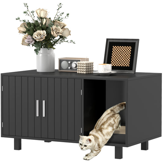 Cat Litter Box Enclosure, Hidden Litter Box Furniture, Cat House End Table Washroom with Scratching Pad, for Indoor Cats Kittens, Black
