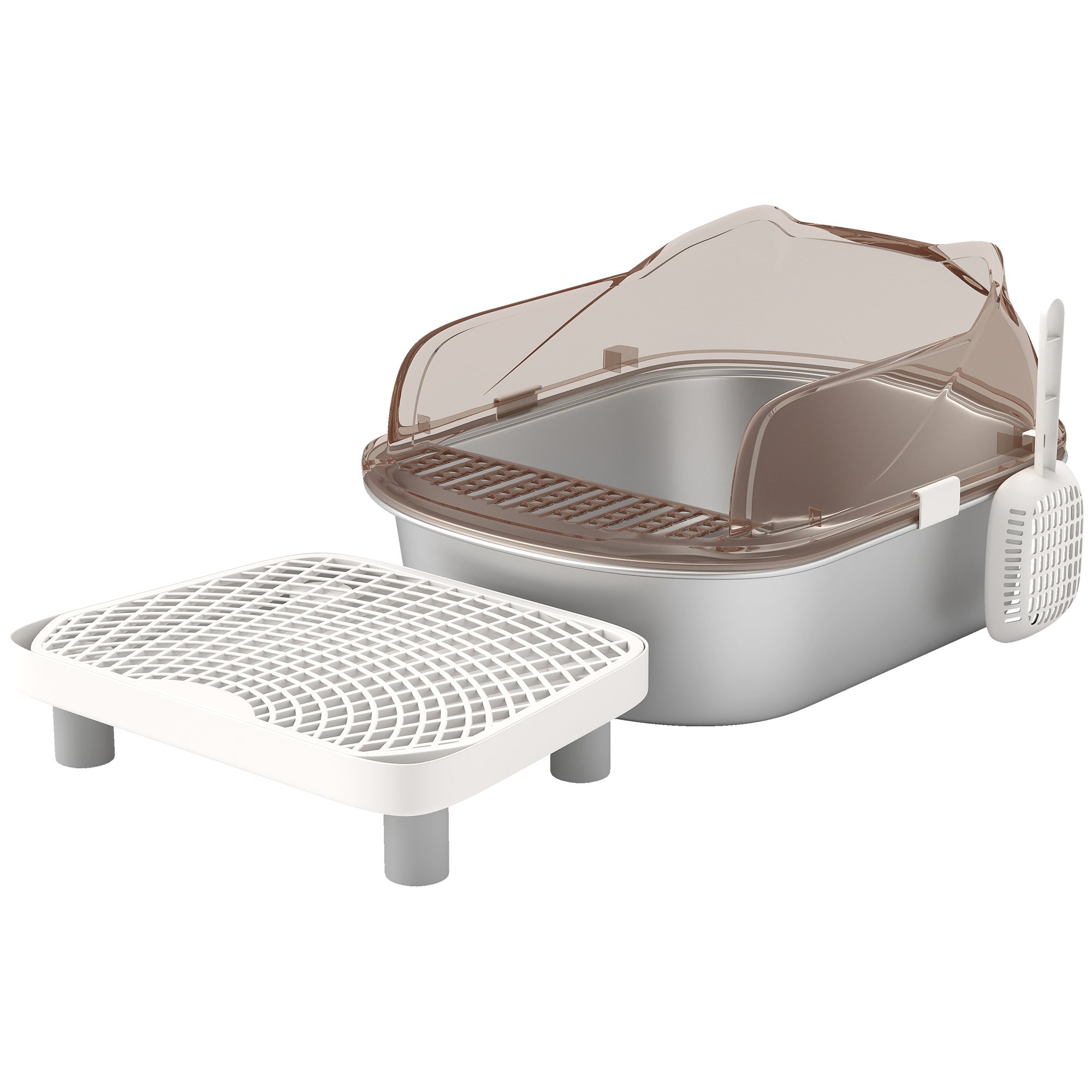 Stainless Steel Litter Box with Lid, Metal Cat Litter Tray for Big Cats with High Wall Sided Enclosure, Pedal, Scoop, Non-Sticky, Anti-Leakage, Easy Cleaning