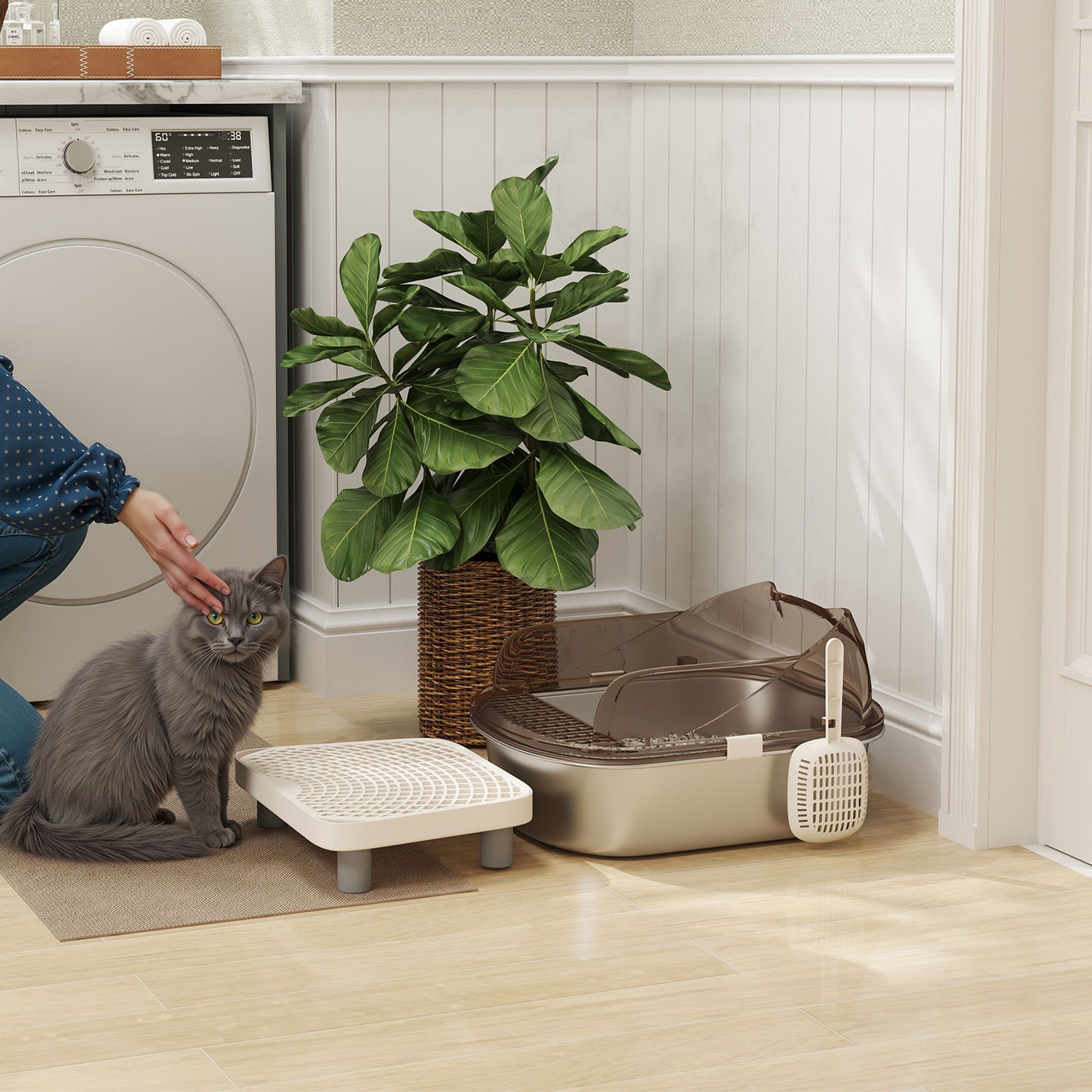 Stainless Steel Litter Box with Lid, Metal Cat Litter Tray for Big Cats with High Wall Sided Enclosure, Pedal, Scoop, Non-Sticky, Anti-Leakage, Easy Cleaning