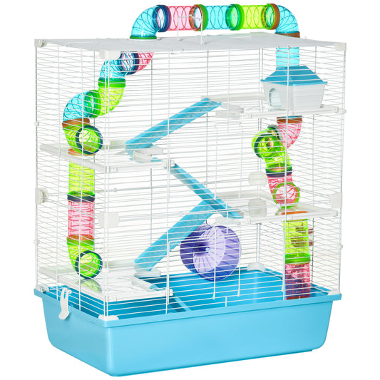 Hamster Cage, Large Small Animal House, 5-Level Guinea Pig Cage Gerbil Haven, Tunnel Tube System, with Water Bottle, Exercise Wheel, Food Dish, Ramps, Light Blue