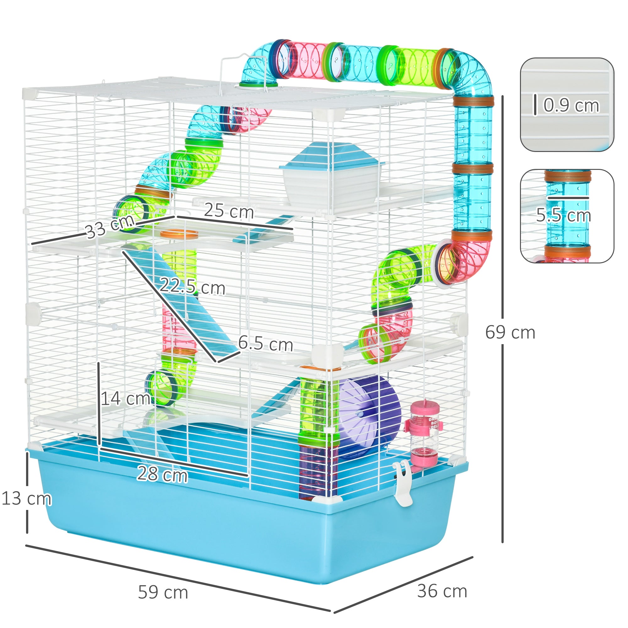 5 Tier Hamster Cage, Gerbil Cage with Tube, Water Bottle, Exercise Wheel, Food Dish, 59L x 36W x 69H cm - Light Blue