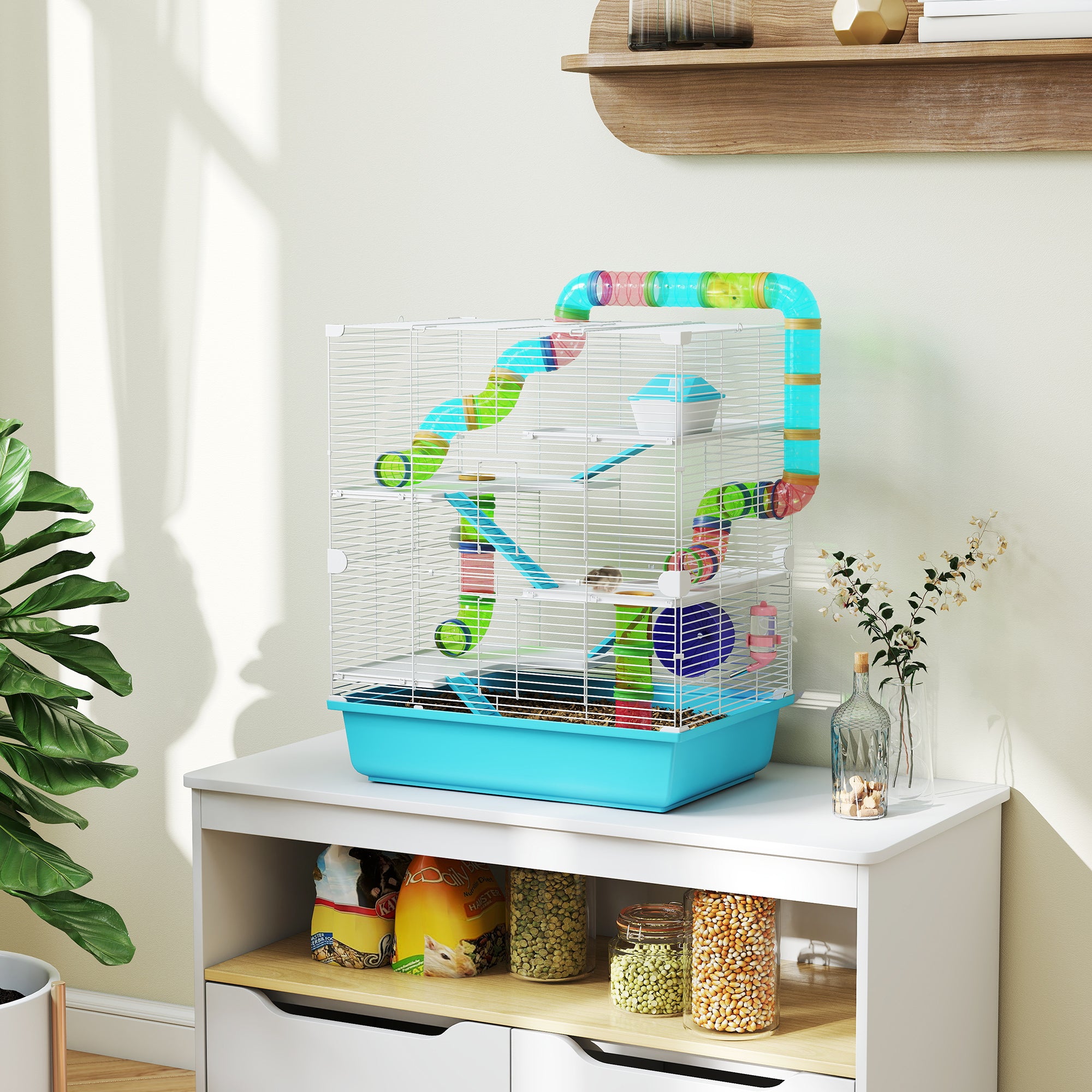 Hamster Cage, Large Small Animal House, 5-Level Guinea Pig Cage Gerbil Haven, Tunnel Tube System, with Water Bottle, Exercise Wheel, Food Dish, Ramps, Light Blue