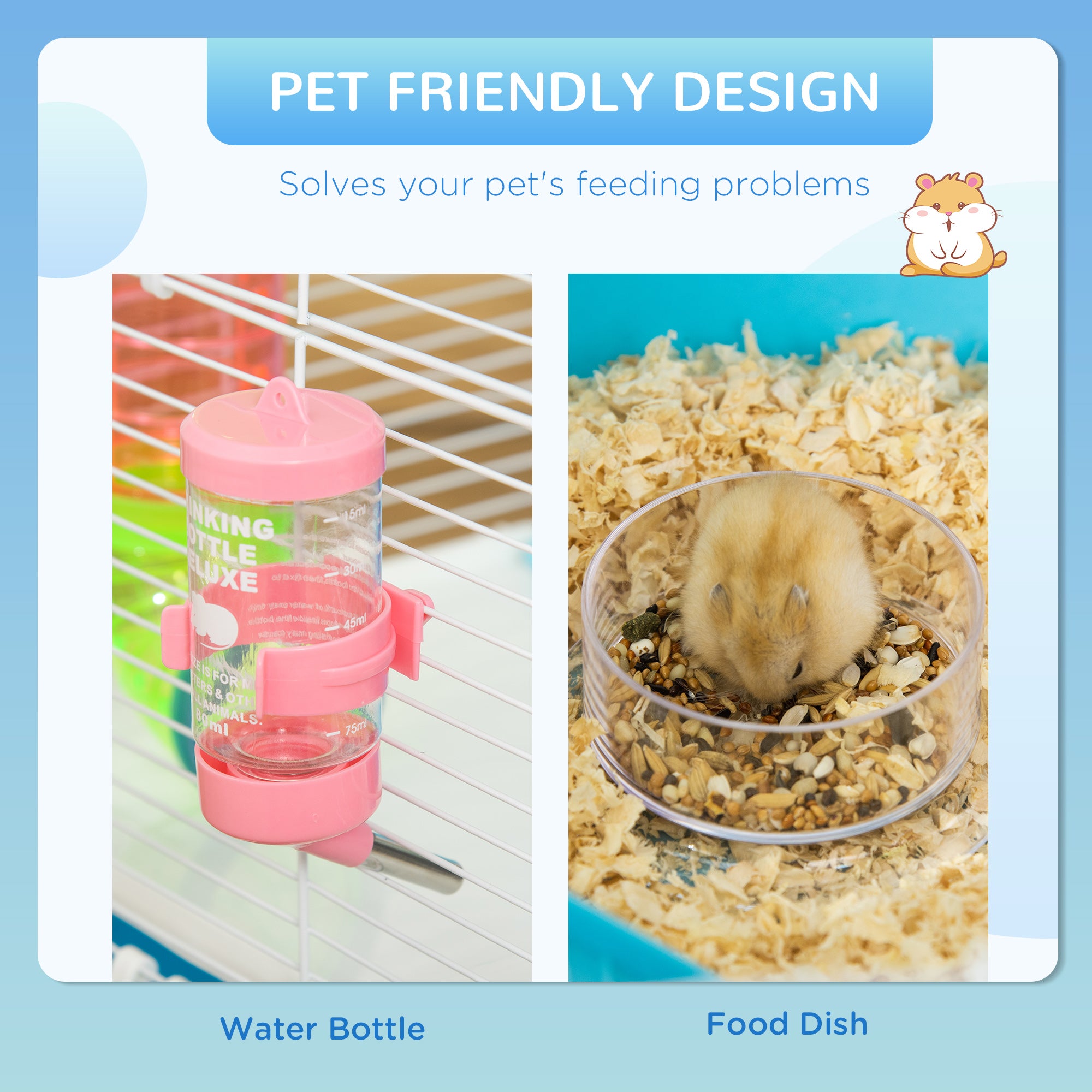 Hamster Cage, Large Small Animal House, 5-Level Guinea Pig Cage Gerbil Haven, Tunnel Tube System, with Water Bottle, Exercise Wheel, Food Dish, Ramps, Light Blue