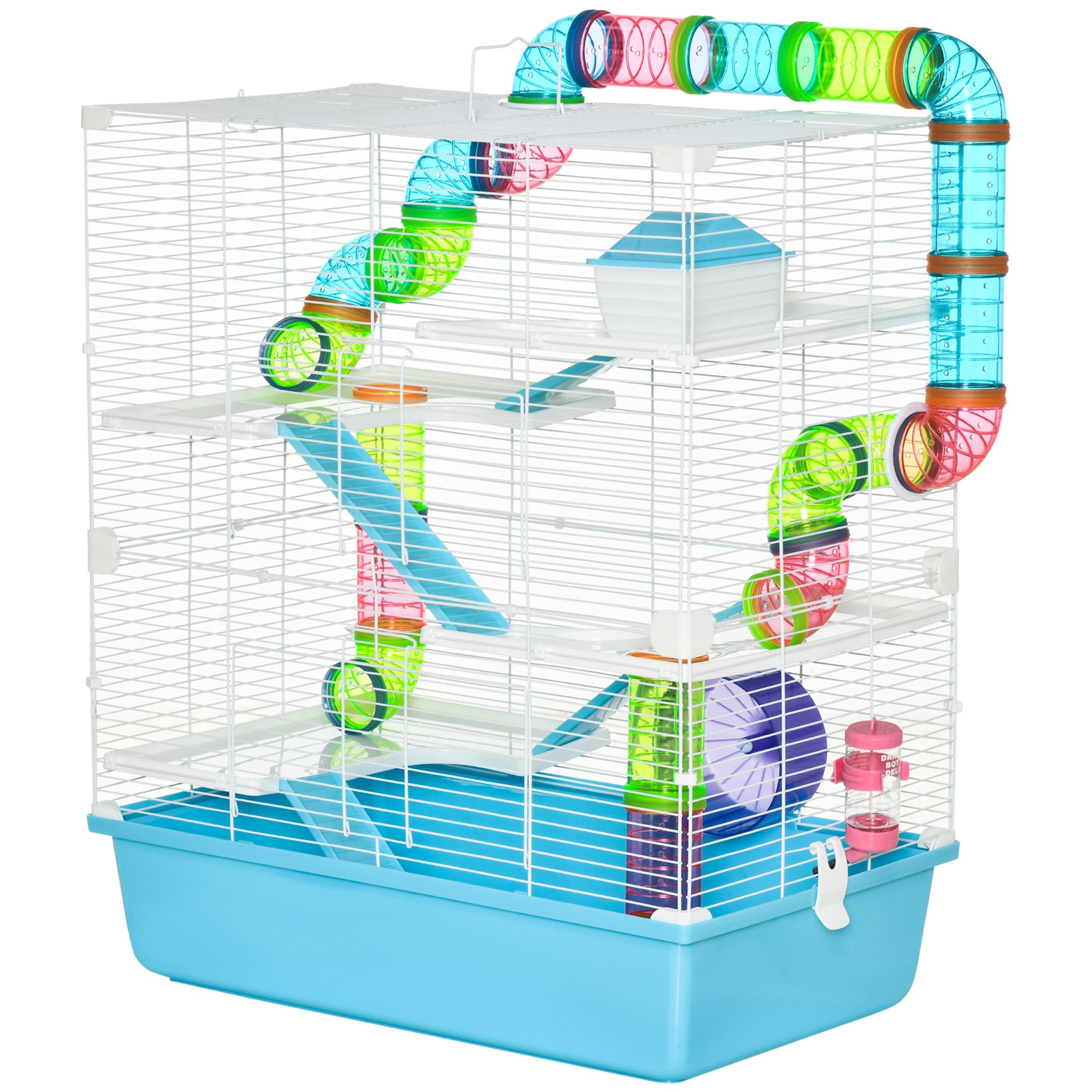 Hamster Cage, Large Small Animal House, 5-Level Guinea Pig Cage Gerbil Haven, Tunnel Tube System, with Water Bottle, Exercise Wheel, Food Dish, Ramps, Light Blue