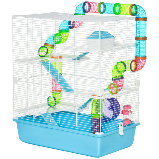 Hamster Cage, Large Small Animal House, 5-Level Guinea Pig Cage Gerbil Haven, Tunnel Tube System, with Water Bottle, Exercise Wheel, Food Dish, Ramps, Light Blue