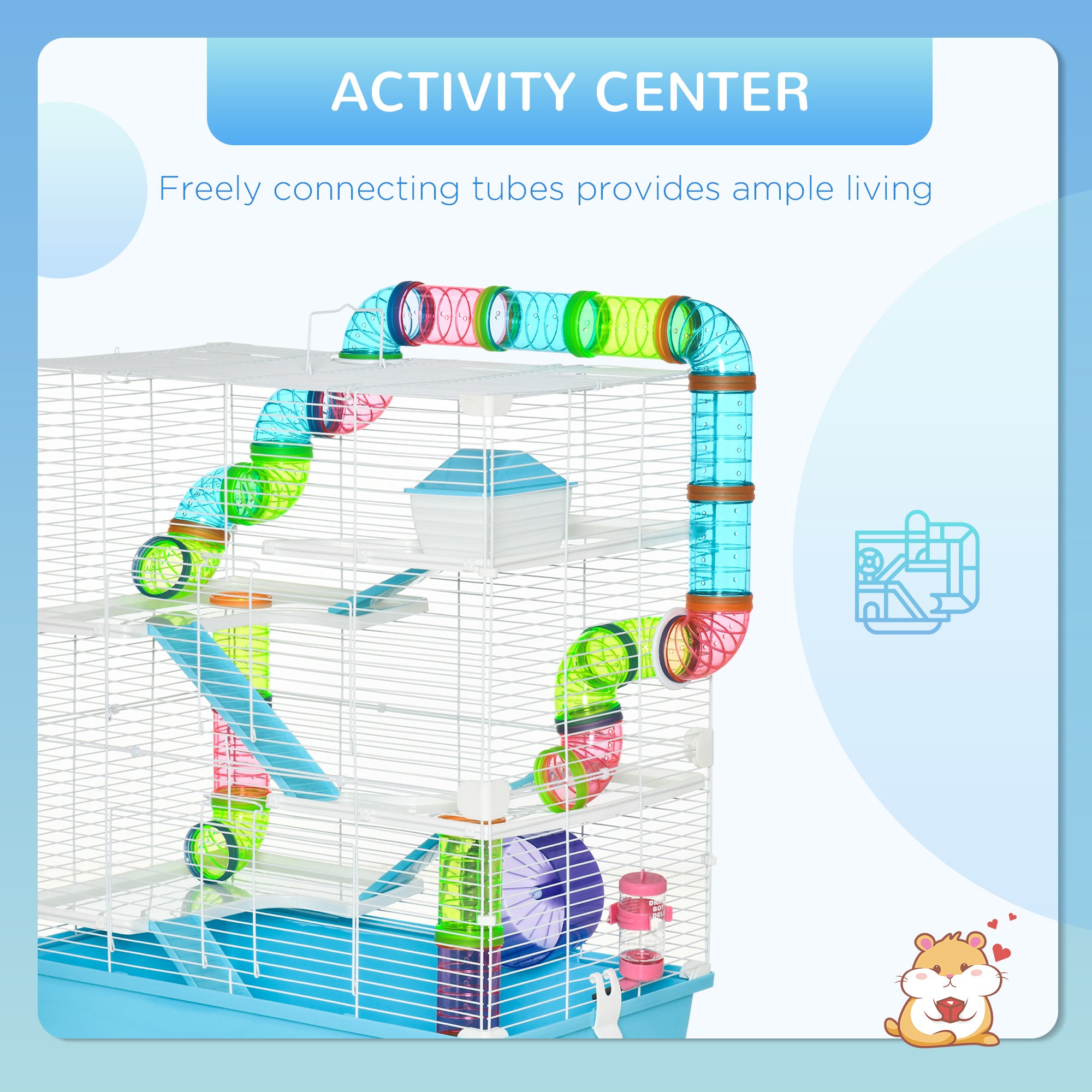 Hamster Cage, Large Small Animal House, 5-Level Guinea Pig Cage Gerbil Haven, Tunnel Tube System, with Water Bottle, Exercise Wheel, Food Dish, Ramps, Light Blue