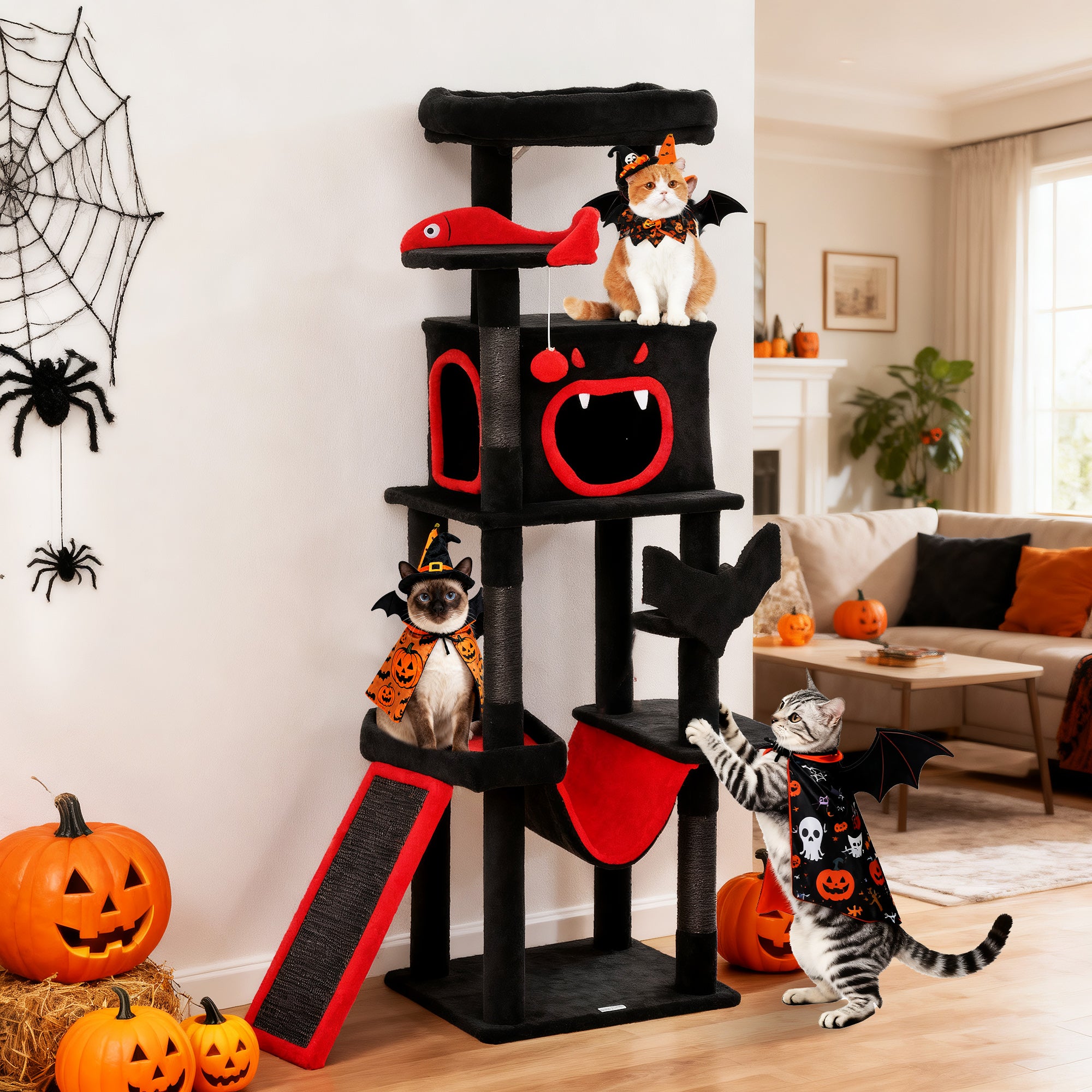 Gothic Cat Tree, 60" Multi-Level Cat Tower for Indoor Kittens Large Adult with Coffin Bed, Sisal Scratching Posts & Ramp, Condo, Hammock, Perches, Dangling Toys, Black