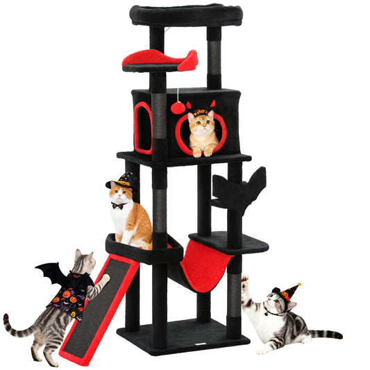 Gothic Cat Tree, 60" Multi-Level Cat Tower for Indoor Kittens Large Adult with Coffin Bed, Sisal Scratching Posts & Ramp, Condo, Hammock, Perches, Dangling Toys, Black
