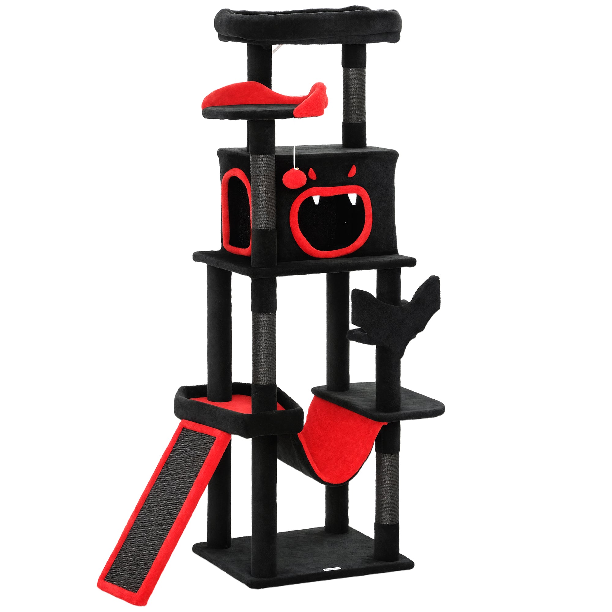 Gothic Cat Tree, 60" Multi-Level Cat Tower for Indoor Kittens Large Adult with Coffin Bed, Sisal Scratching Posts & Ramp, Condo, Hammock, Perches, Dangling Toys, Black
